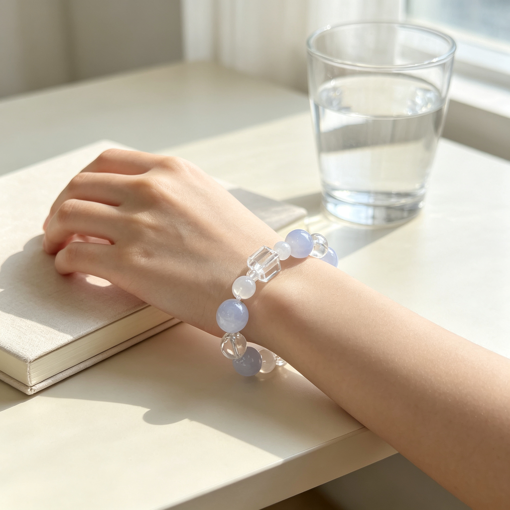 Blue Lace Agate White Snow Phantom Quartz Clear Quartz Bracelet Natural Healing Crystal Calm Love Relationship Protection Anxiety Relief Beaded Bracelet