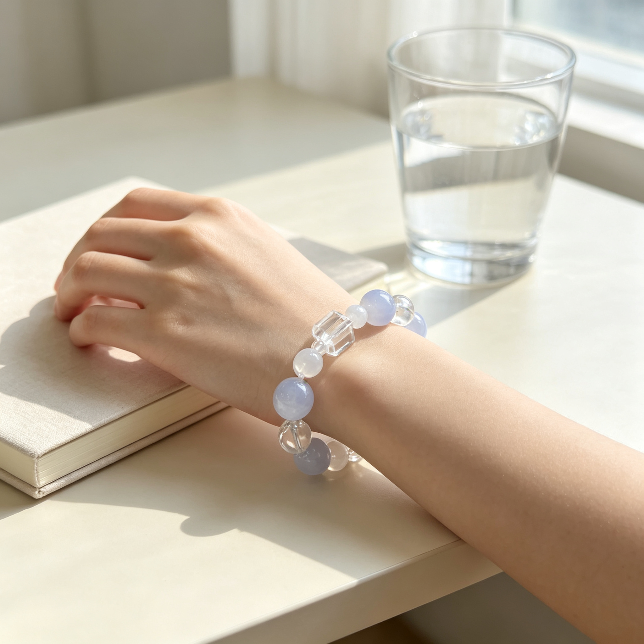 Blue Lace Agate White Snow Phantom Quartz Clear Quartz Bracelet Natural Healing Crystal Calm Love Relationship Protection Anxiety Relief Beaded Bracelet