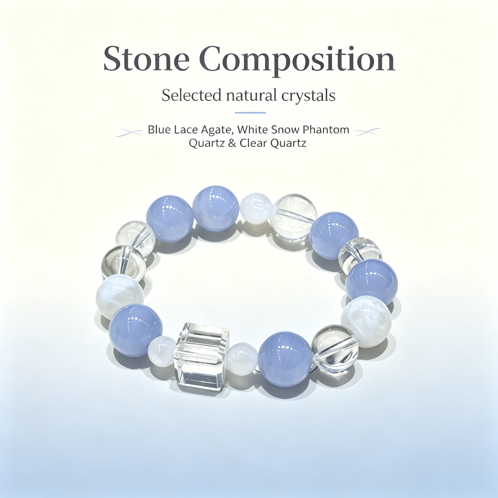 Blue Lace Agate White Snow Phantom Quartz Clear Quartz Bracelet Natural Healing Crystal Calm Love Relationship Protection Anxiety Relief Beaded Bracelet