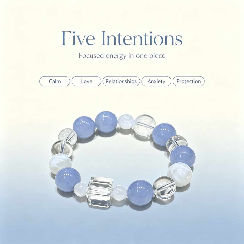 Blue Lace Agate White Snow Phantom Quartz Clear Quartz Bracelet Natural Healing Crystal Calm Love Relationship Protection Anxiety Relief Beaded Bracelet