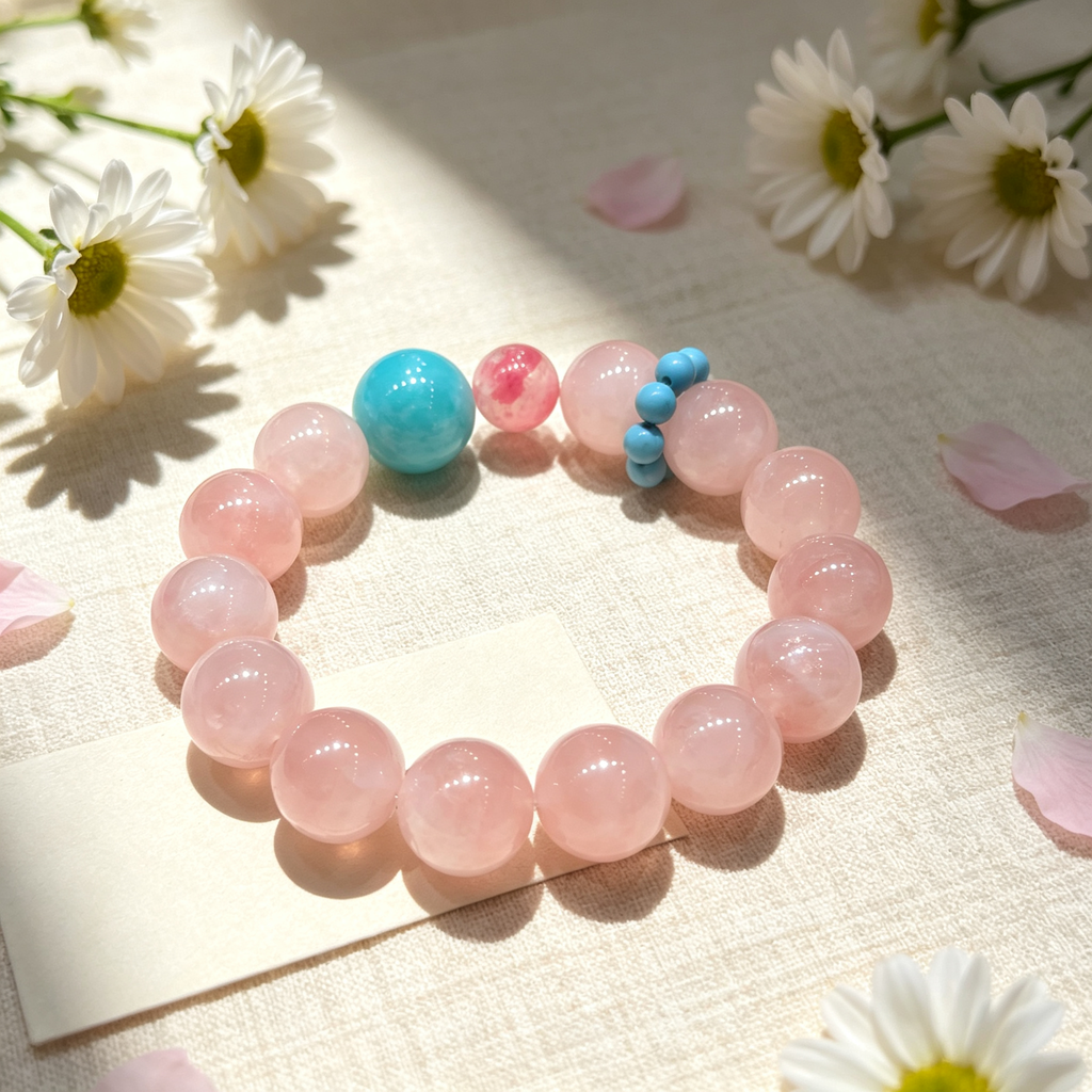 Rose Quartz Amazonite Rhodonite Bracelet Natural Gemstone Love Relationship Emotional Healing Calming Beaded Bracelet