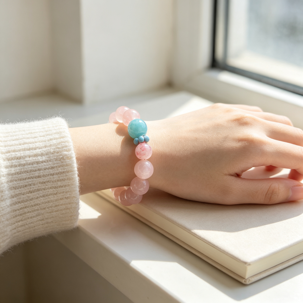 Rose Quartz Amazonite Rhodonite Bracelet Natural Gemstone Love Relationship Emotional Healing Calming Beaded Bracelet