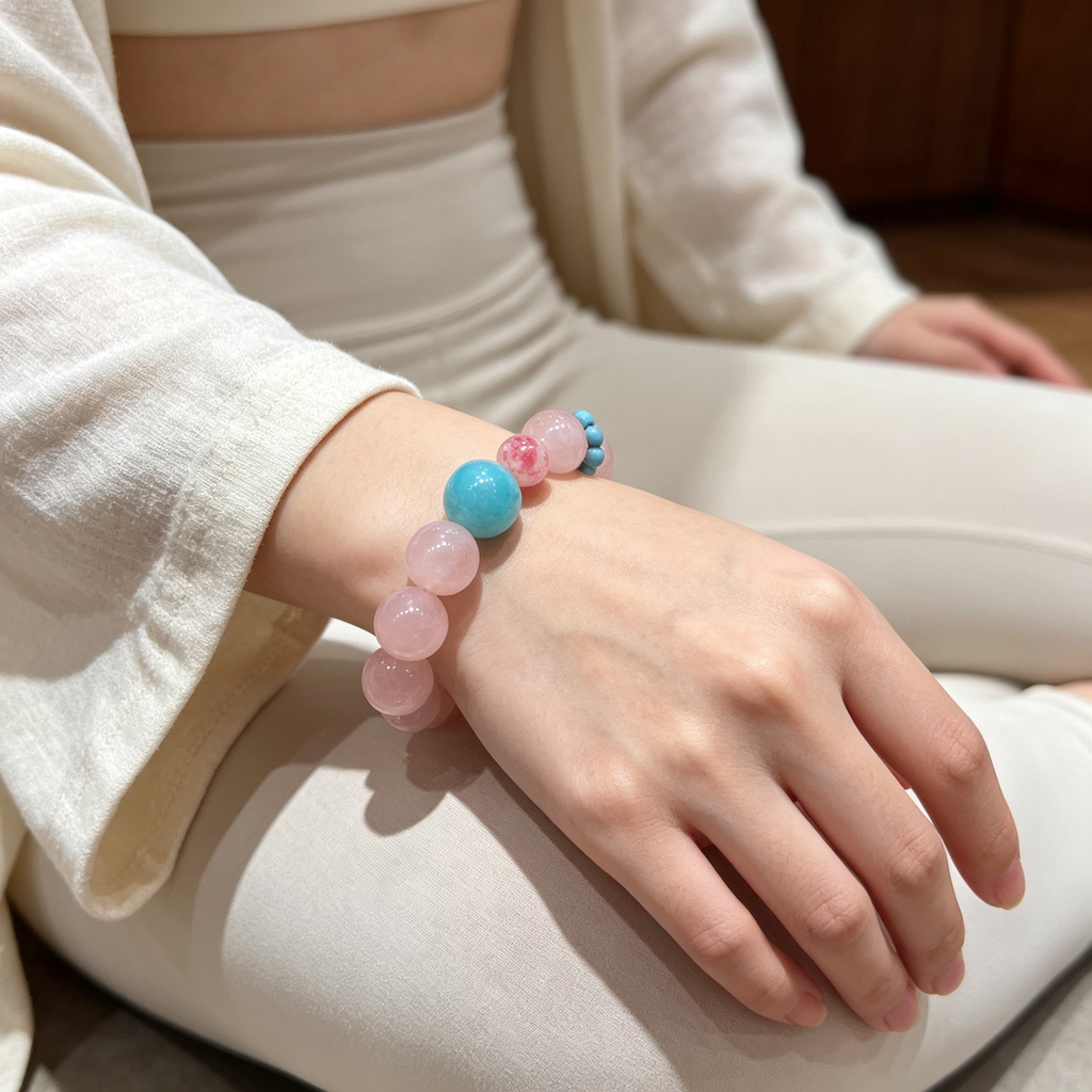 Rose Quartz Amazonite Rhodonite Bracelet Natural Gemstone Love Relationship Emotional Healing Calming Beaded Bracelet