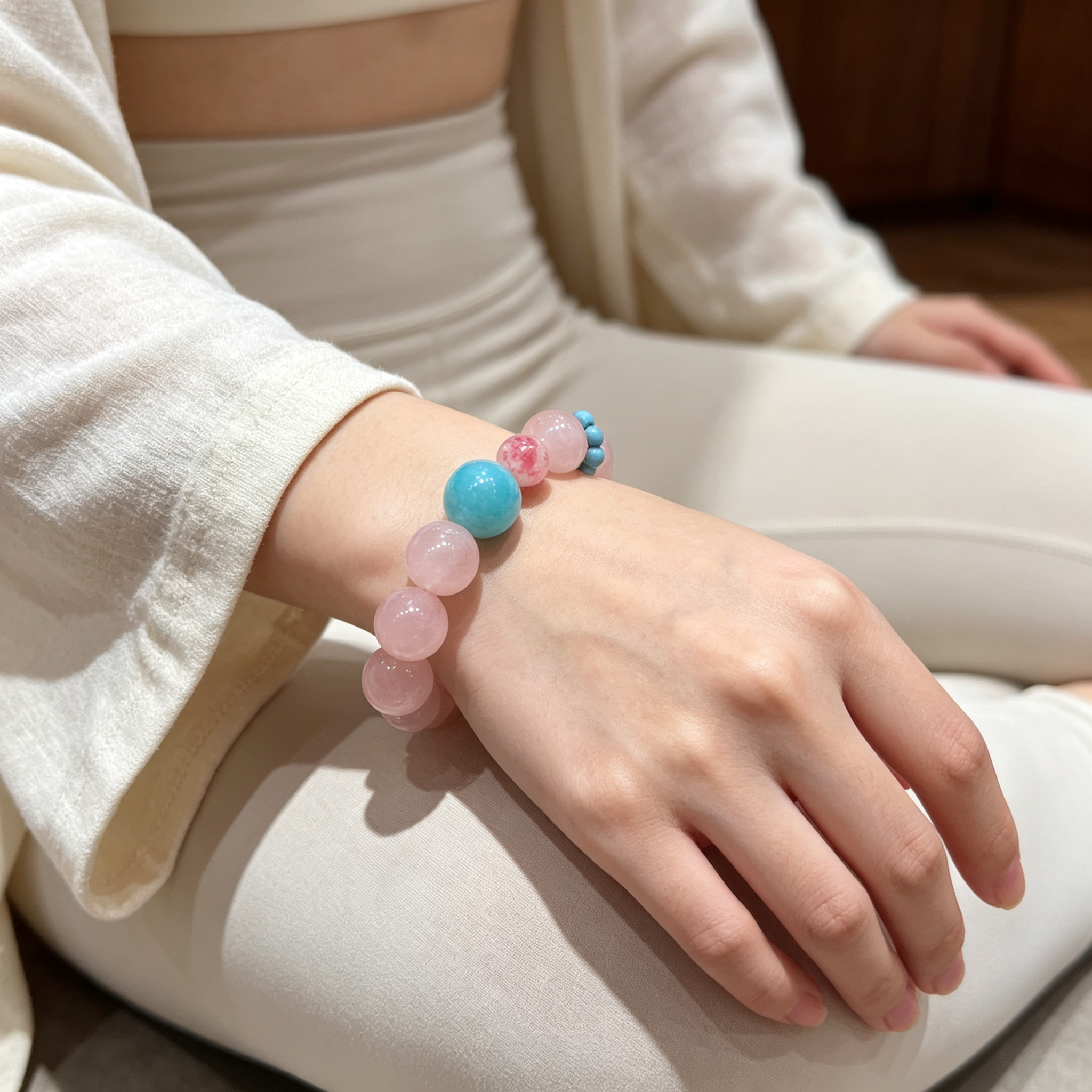 Rose Quartz Amazonite Rhodonite Bracelet Natural Gemstone Love Relationship Emotional Healing Calming Beaded Bracelet