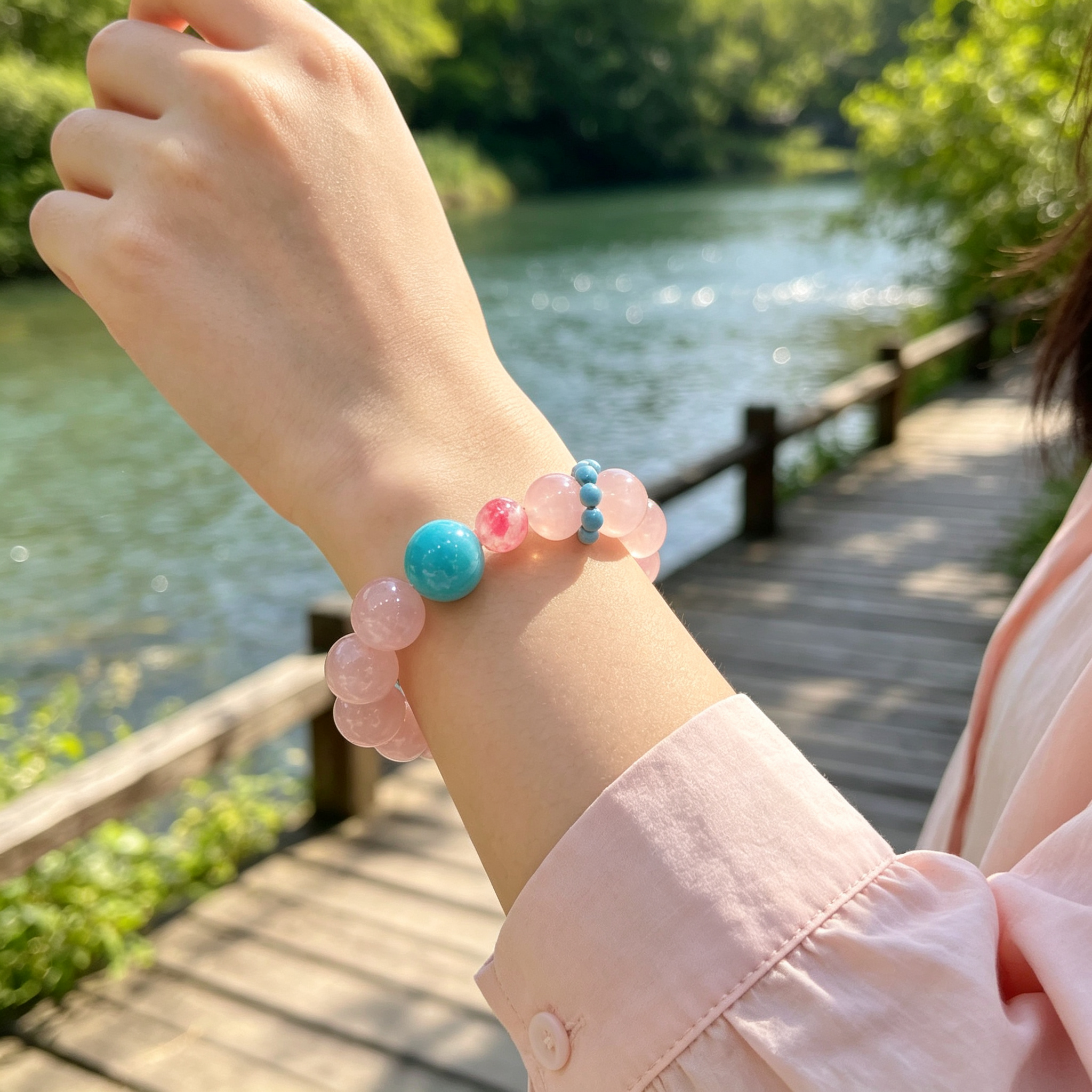 Rose Quartz Amazonite Rhodonite Bracelet Natural Gemstone Love Relationship Emotional Healing Calming Beaded Bracelet