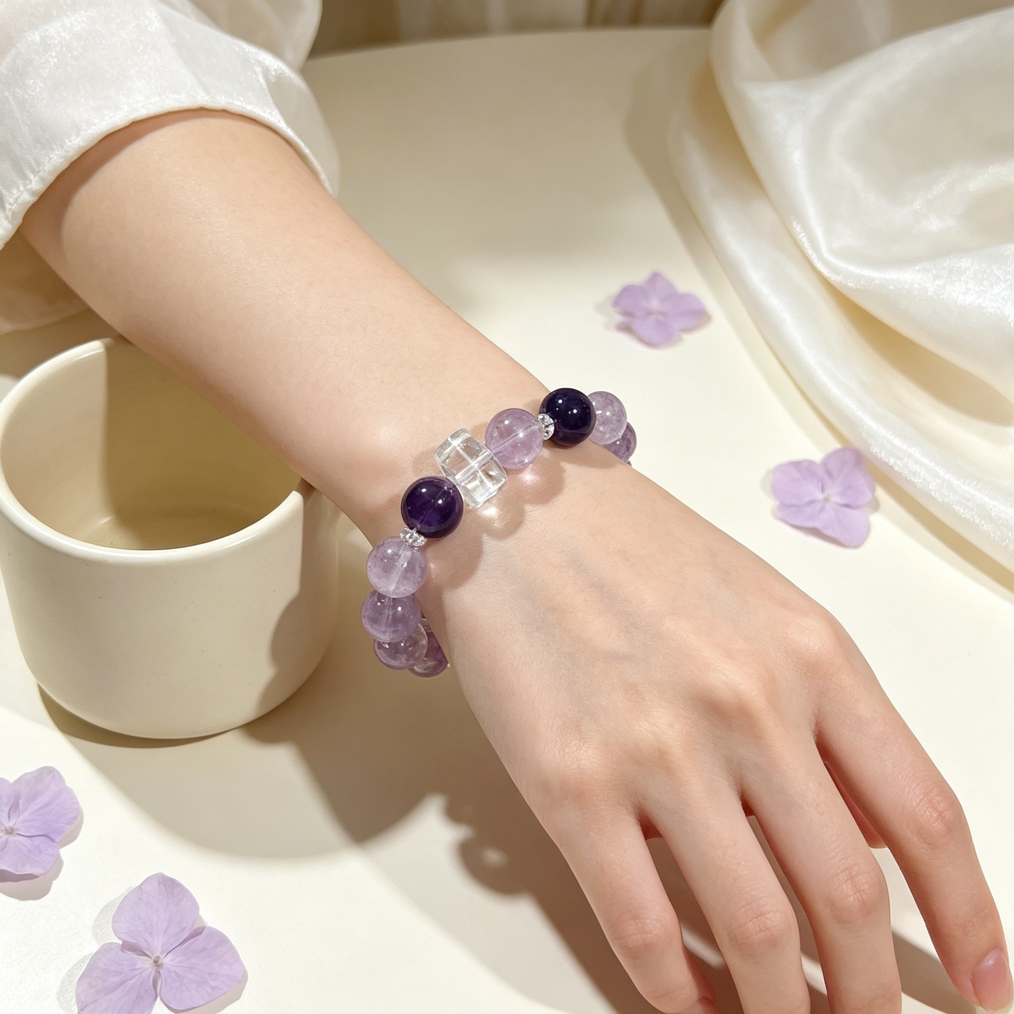Brazilian Amethyst Lavender Amethyst Clear Quartz Azeztulite Quartz Bracelet Natural Crystal Success Calm Protection Beaded Bracelet