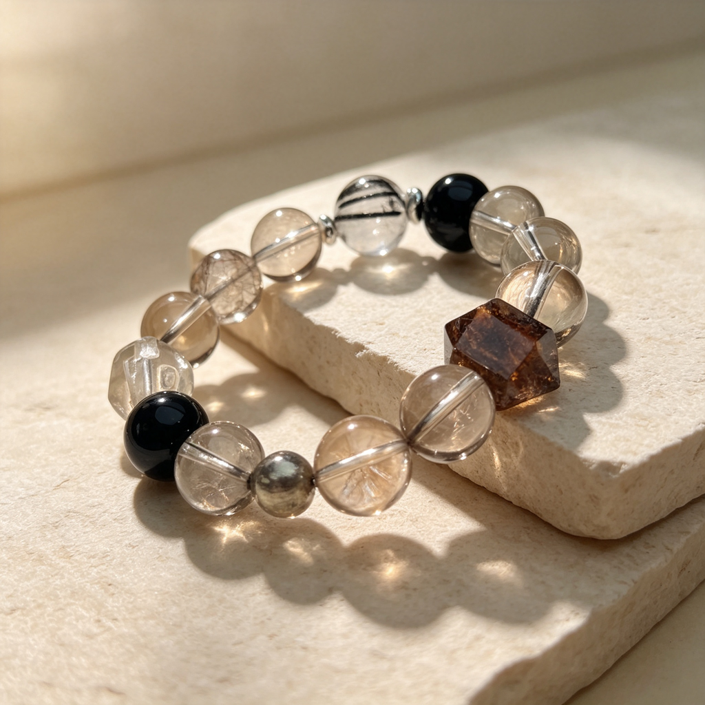 Smoky Quartz Obsidian Black Copper Rutilated Quartz Bracelet Natural Crystal Wealth Career Protection Luck Beaded Bracelet