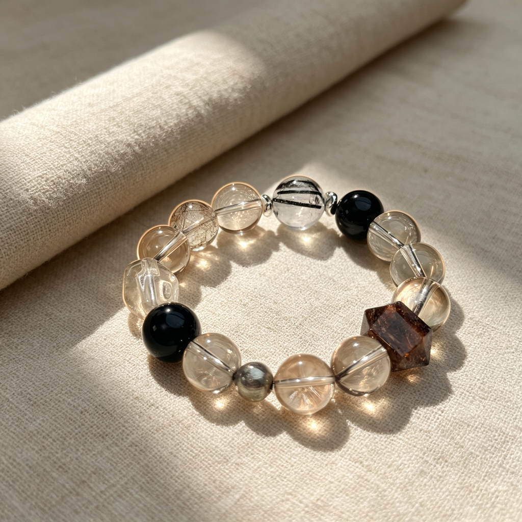 Smoky Quartz Obsidian Black Copper Rutilated Quartz Bracelet Natural Crystal Wealth Career Protection Luck Beaded Bracelet