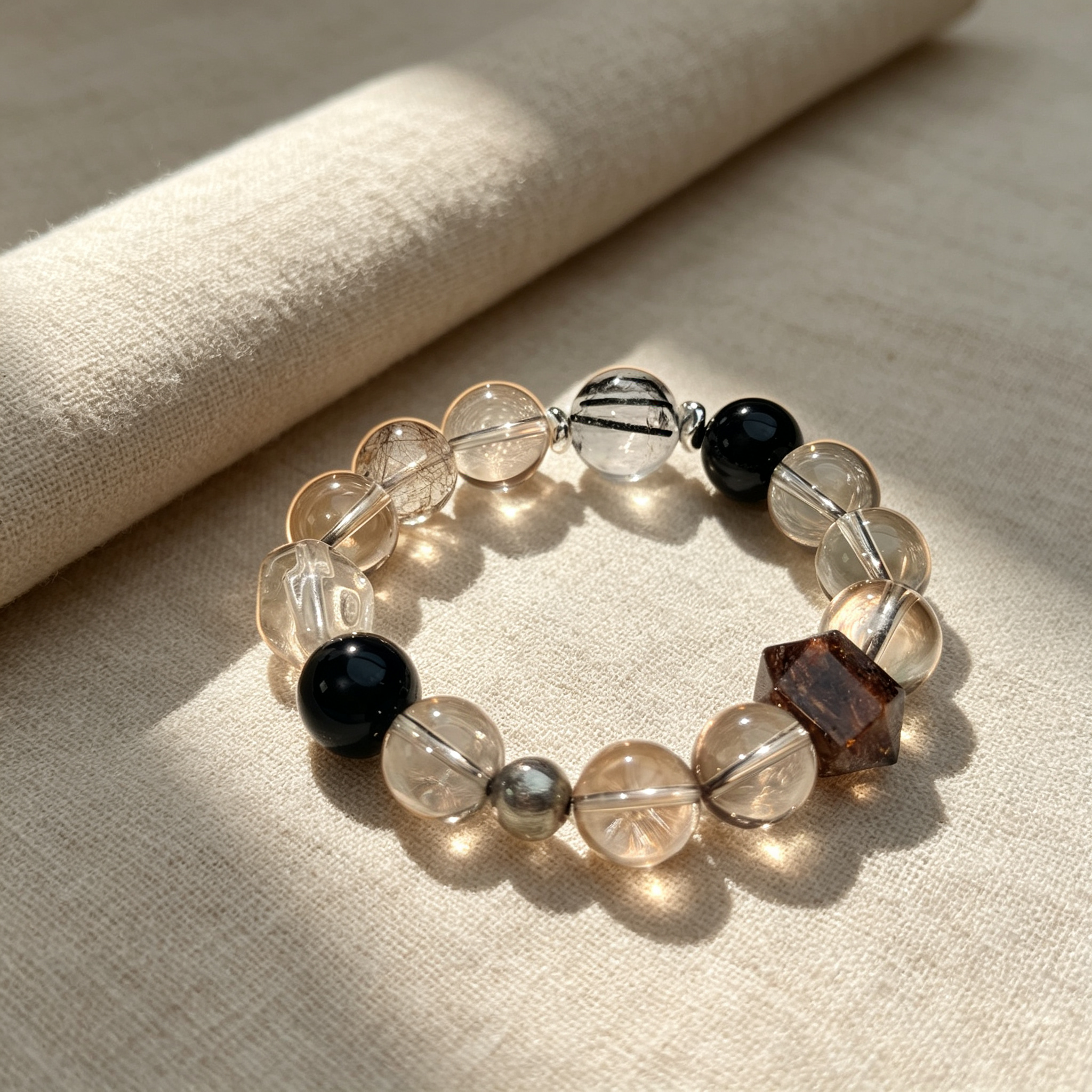 Smoky Quartz Obsidian Black Copper Rutilated Quartz Bracelet Natural Crystal Wealth Career Protection Luck Beaded Bracelet