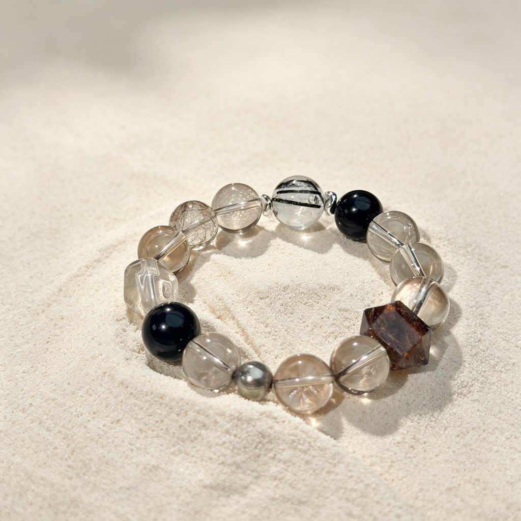 Smoky Quartz Obsidian Black Copper Rutilated Quartz Bracelet Natural Crystal Wealth Career Protection Luck Beaded Bracelet