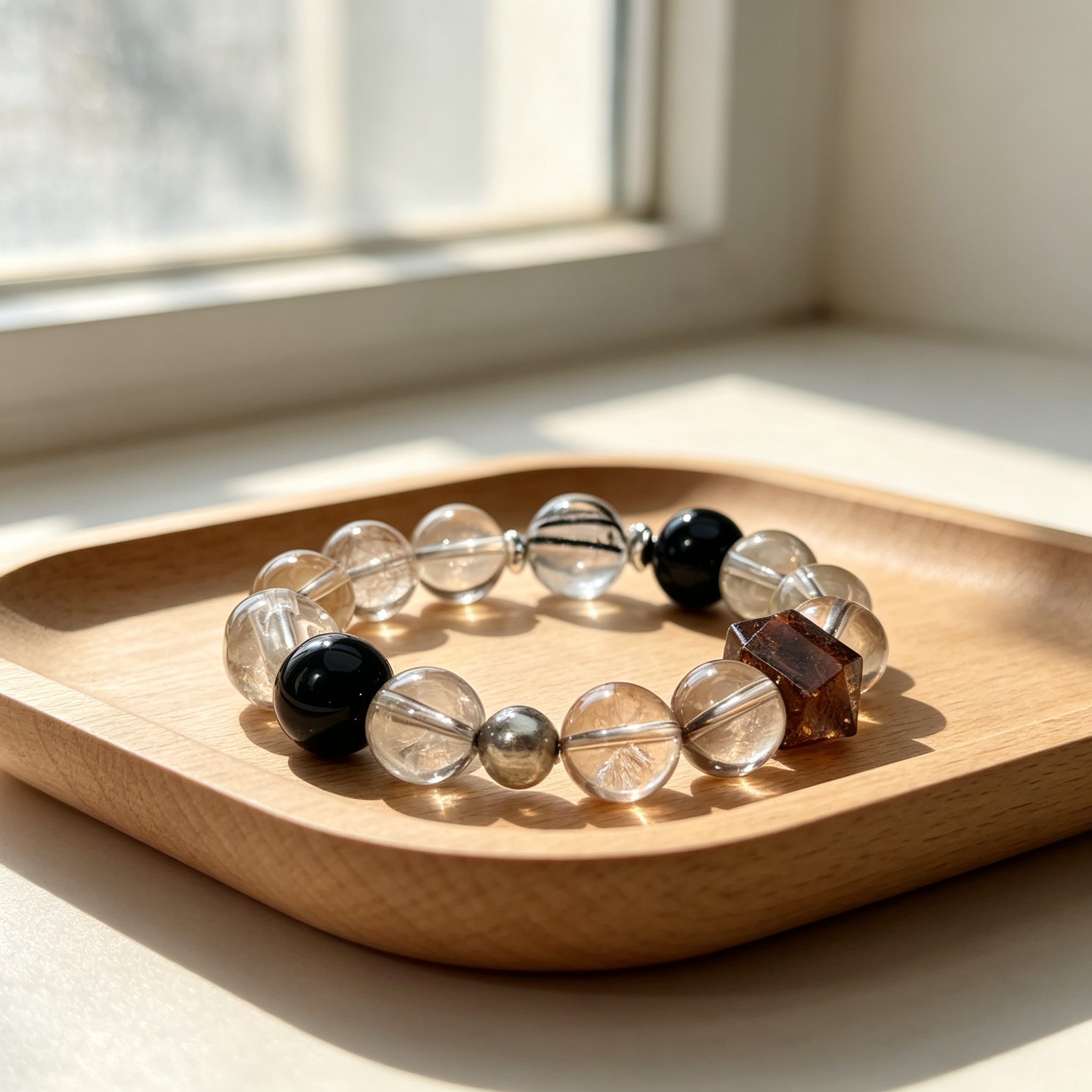 Smoky Quartz Obsidian Black Copper Rutilated Quartz Bracelet Natural Crystal Wealth Career Protection Luck Beaded Bracelet