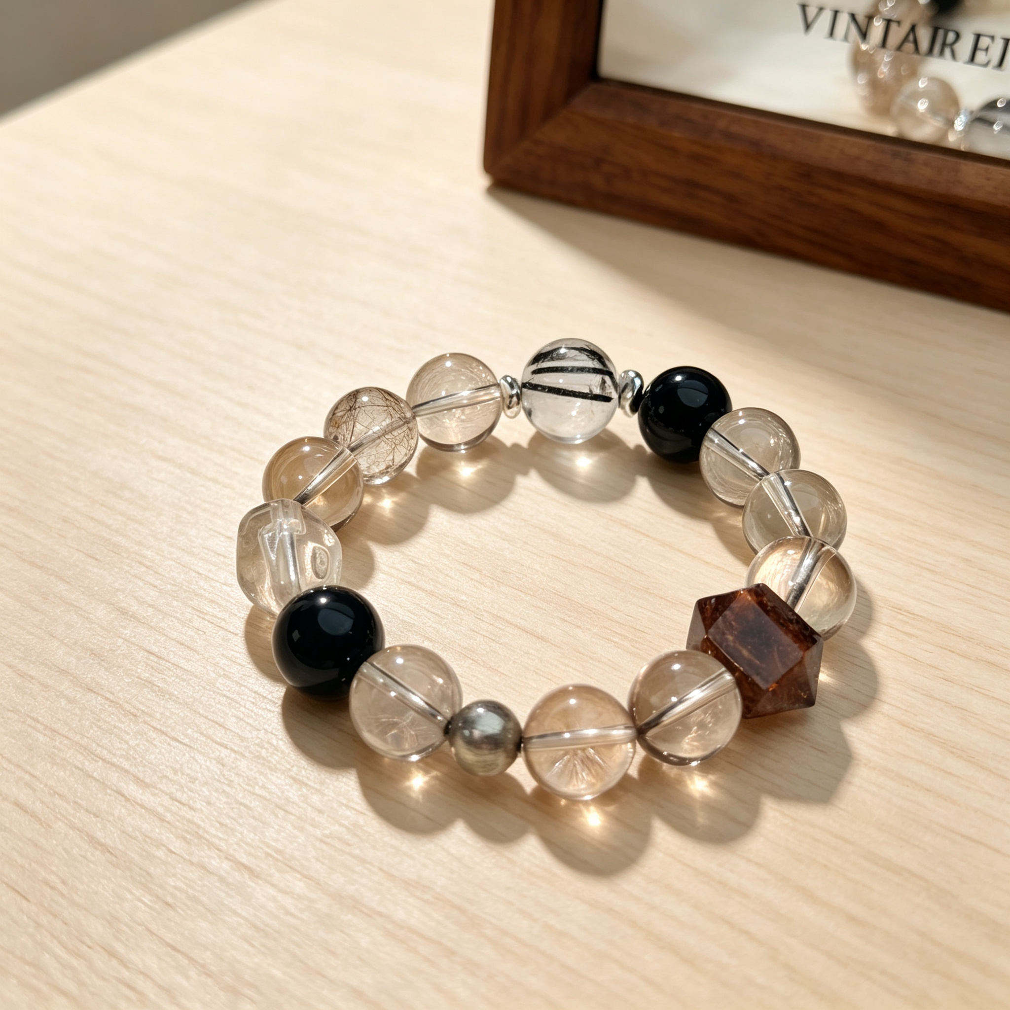 Smoky Quartz Obsidian Black Copper Rutilated Quartz Bracelet Natural Crystal Wealth Career Protection Luck Beaded Bracelet