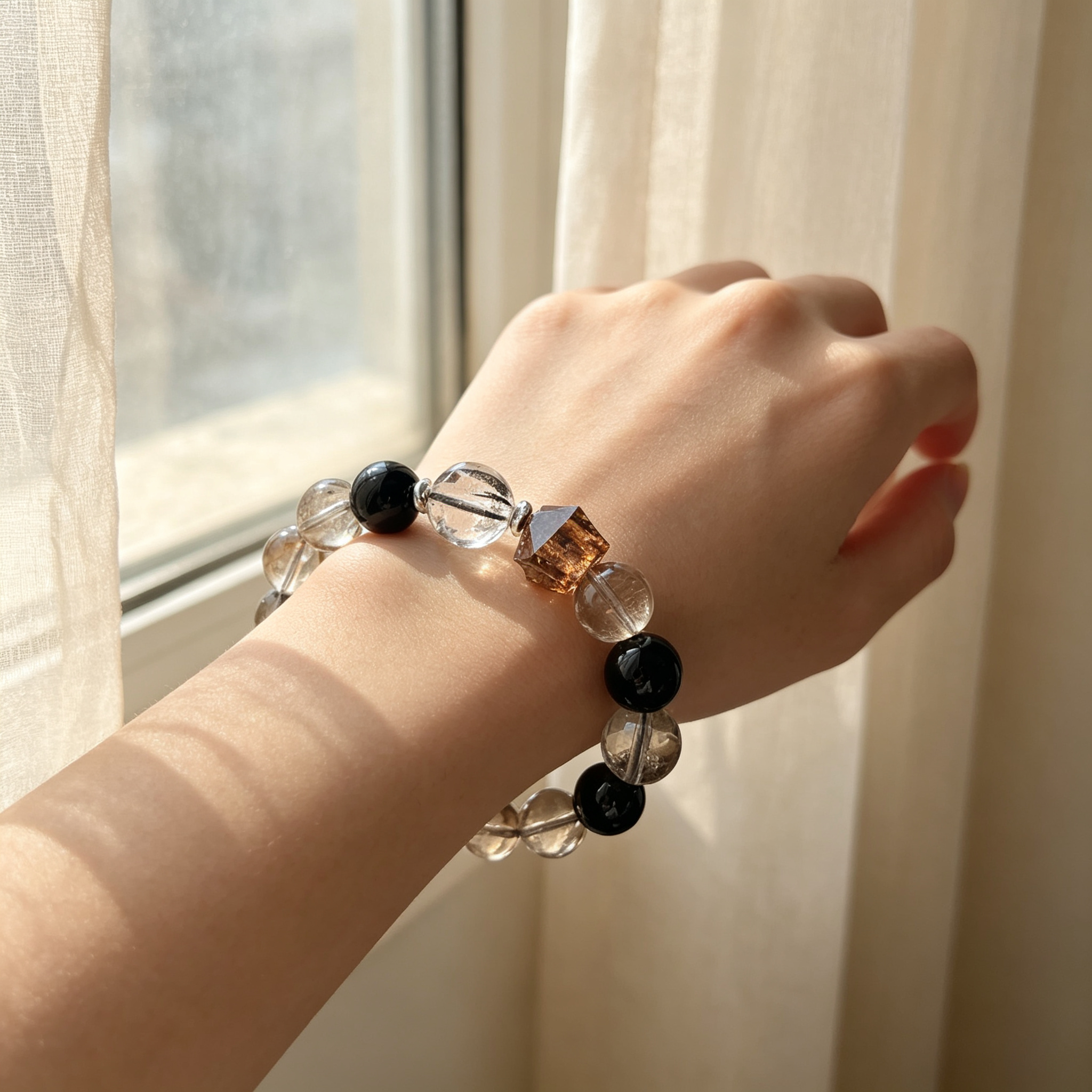 Smoky Quartz Obsidian Black Copper Rutilated Quartz Bracelet Natural Crystal Wealth Career Protection Luck Beaded Bracelet