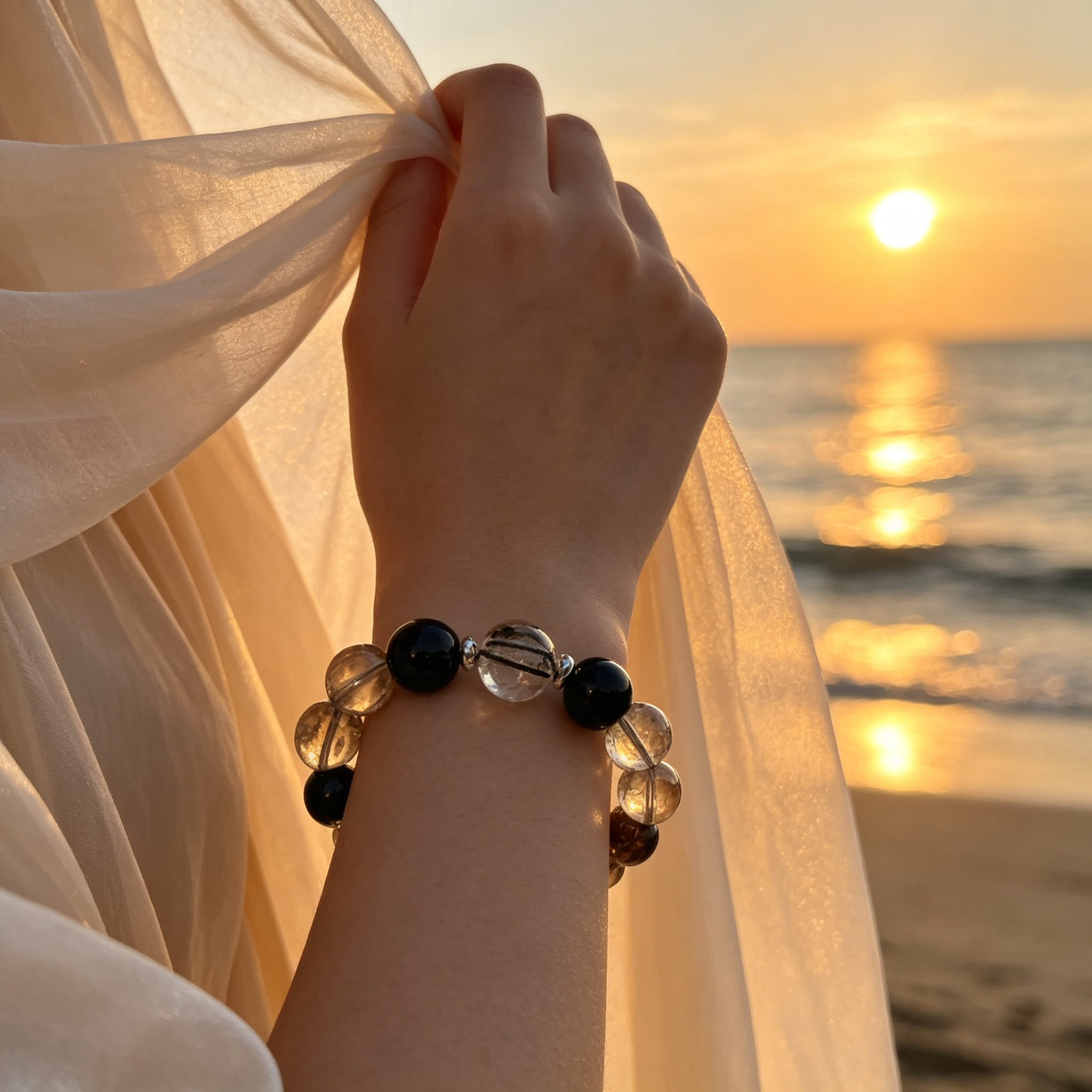 Smoky Quartz Obsidian Black Copper Rutilated Quartz Bracelet Natural Crystal Wealth Career Protection Luck Beaded Bracelet