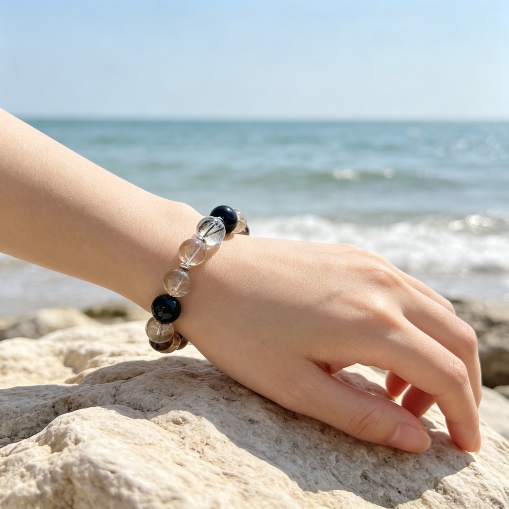 Smoky Quartz Obsidian Black Copper Rutilated Quartz Bracelet Natural Crystal Wealth Career Protection Luck Beaded Bracelet