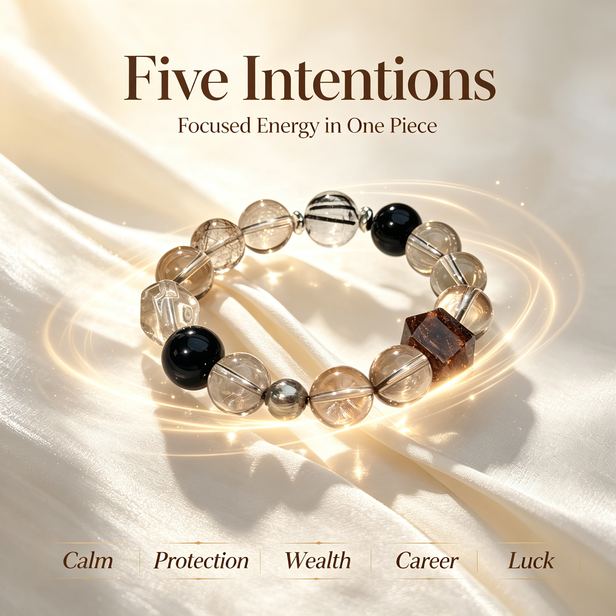 Smoky Quartz Obsidian Black Copper Rutilated Quartz Bracelet Natural Crystal Wealth Career Protection Luck Beaded Bracelet