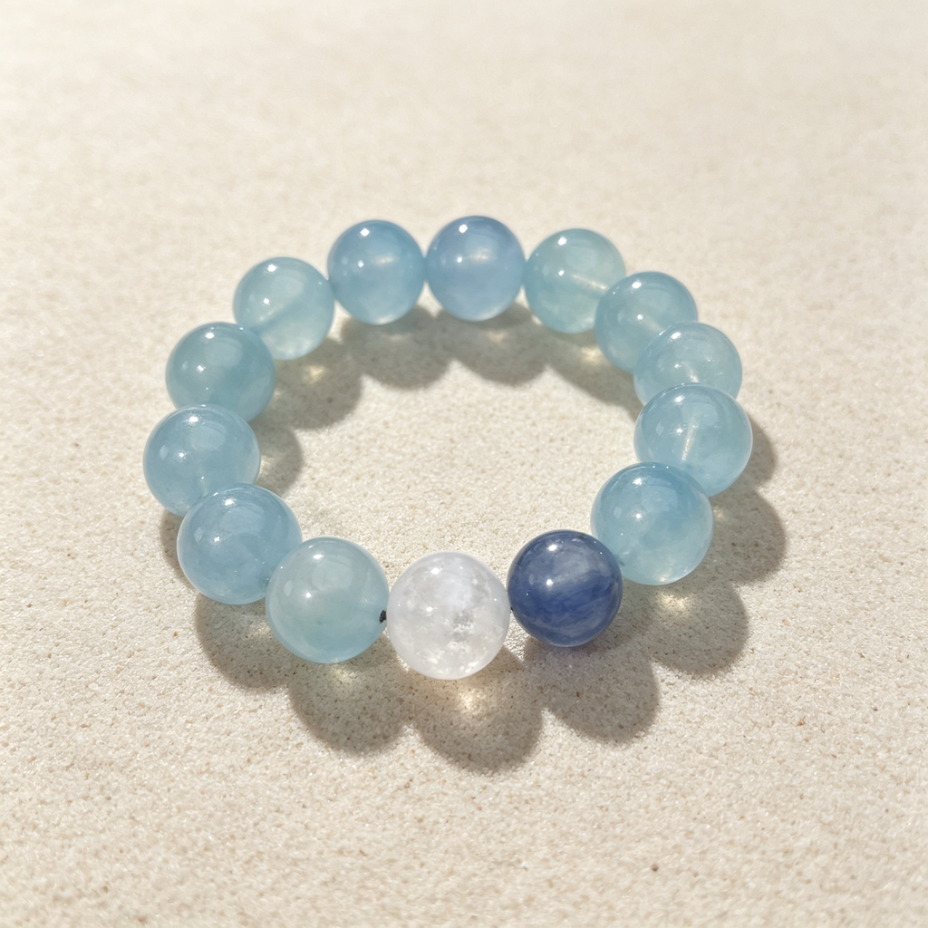 Aquamarine Kyanite White Snow Phantom Quartz Bracelet Natural Crystal Calm Road Opener Luck Relationships Beaded Bracelet