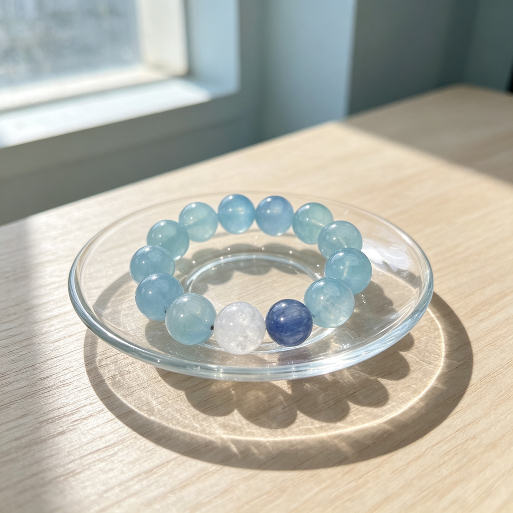 Aquamarine Kyanite White Snow Phantom Quartz Bracelet Natural Crystal Calm Road Opener Luck Relationships Beaded Bracelet