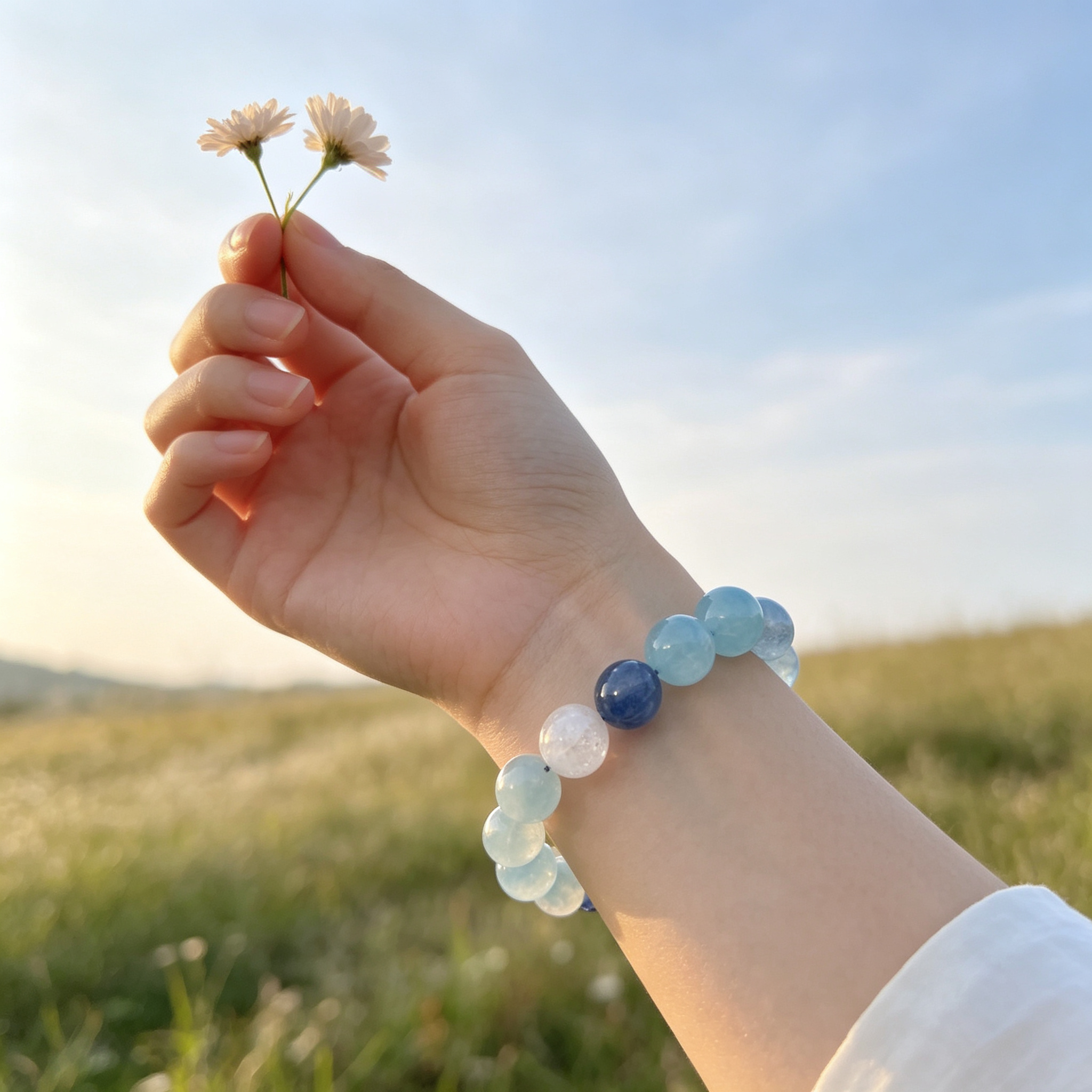 Aquamarine Kyanite White Snow Phantom Quartz Bracelet Natural Crystal Calm Road Opener Luck Relationships Beaded Bracelet