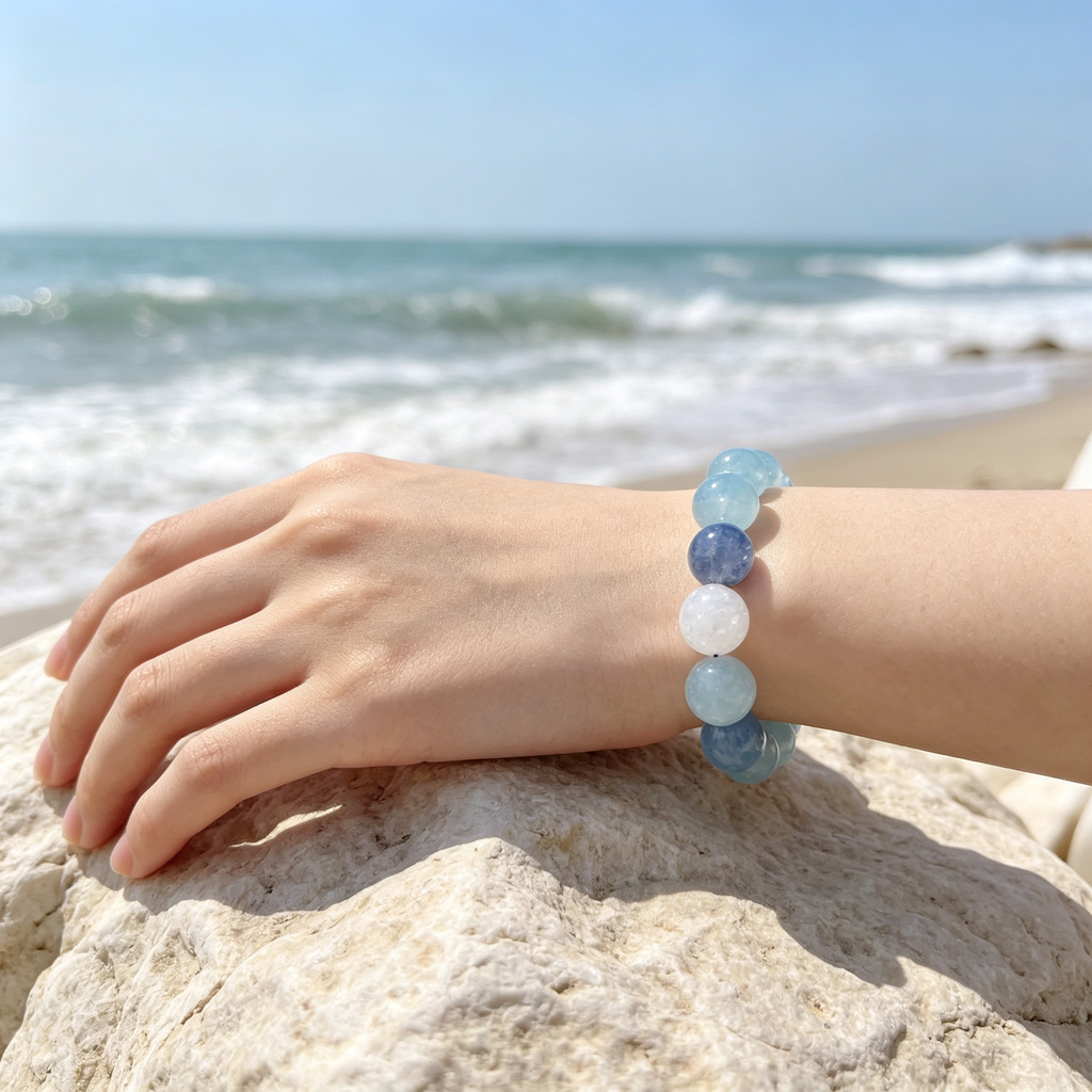 Aquamarine Kyanite White Snow Phantom Quartz Bracelet Natural Crystal Calm Road Opener Luck Relationships Beaded Bracelet