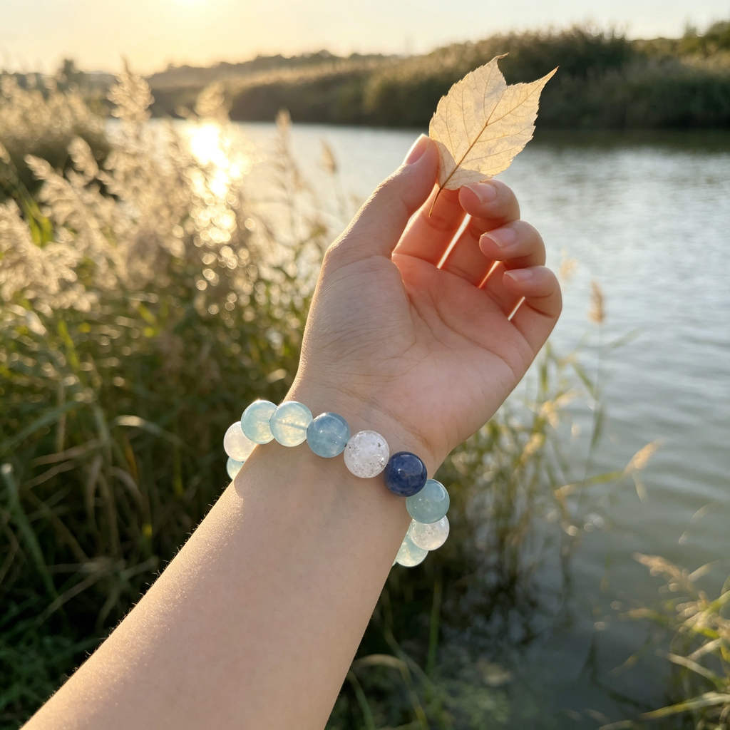 Aquamarine Kyanite White Snow Phantom Quartz Bracelet Natural Crystal Calm Road Opener Luck Relationships Beaded Bracelet