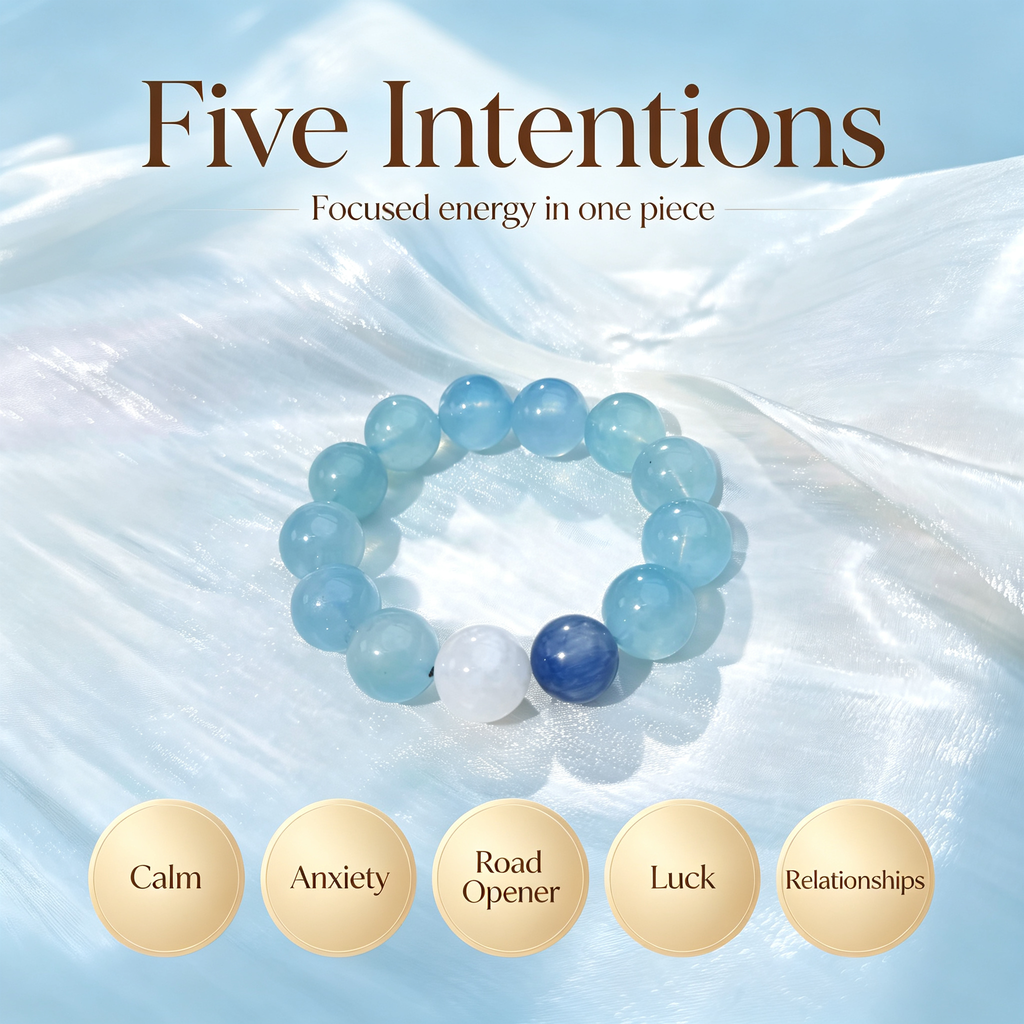 Aquamarine Kyanite White Snow Phantom Quartz Bracelet Natural Crystal Calm Road Opener Luck Relationships Beaded Bracelet