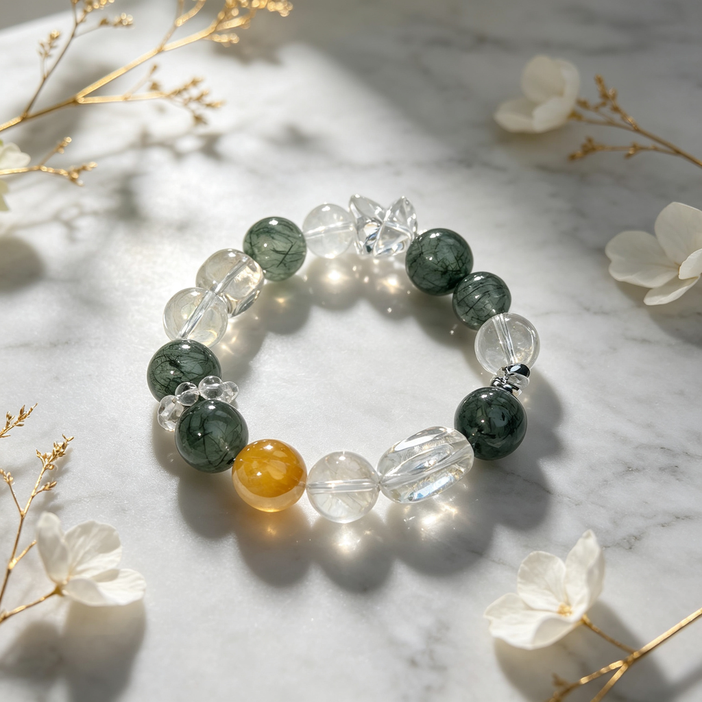 Green Rutilated Quartz Clear Quartz Yellow Phantom Quartz Bracelet Natural Crystal Wealth Career Protection Luck Beaded Bracelet