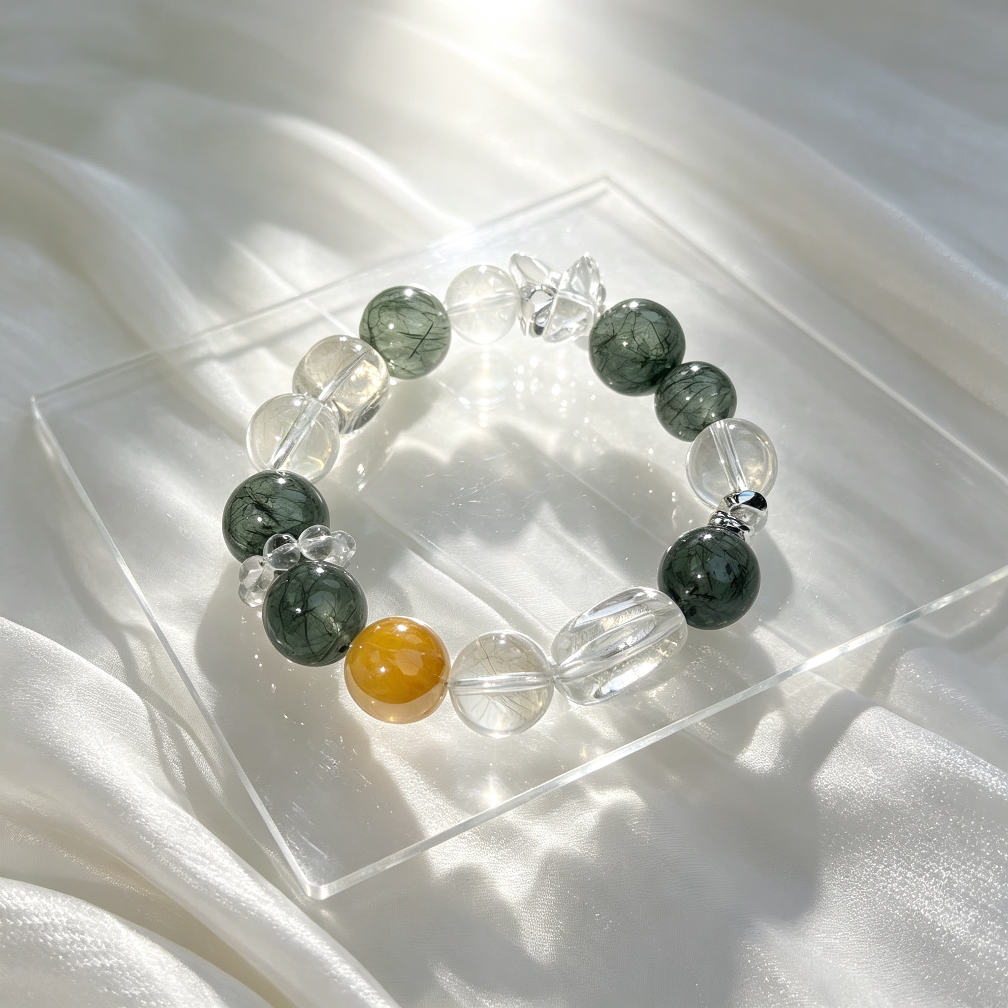 Green Rutilated Quartz Clear Quartz Yellow Phantom Quartz Bracelet Natural Crystal Wealth Career Protection Luck Beaded Bracelet