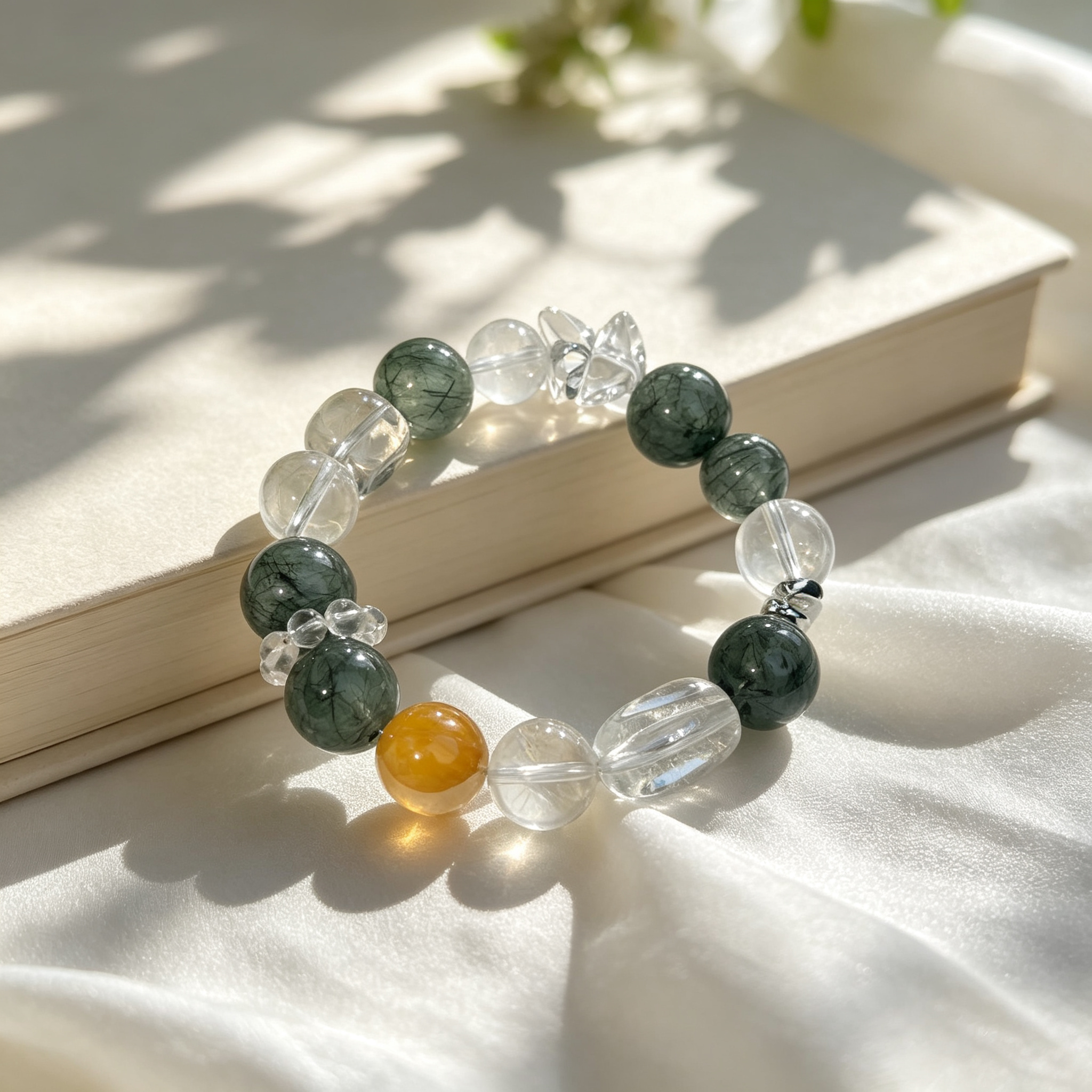 Green Rutilated Quartz Clear Quartz Yellow Phantom Quartz Bracelet Natural Crystal Wealth Career Protection Luck Beaded Bracelet