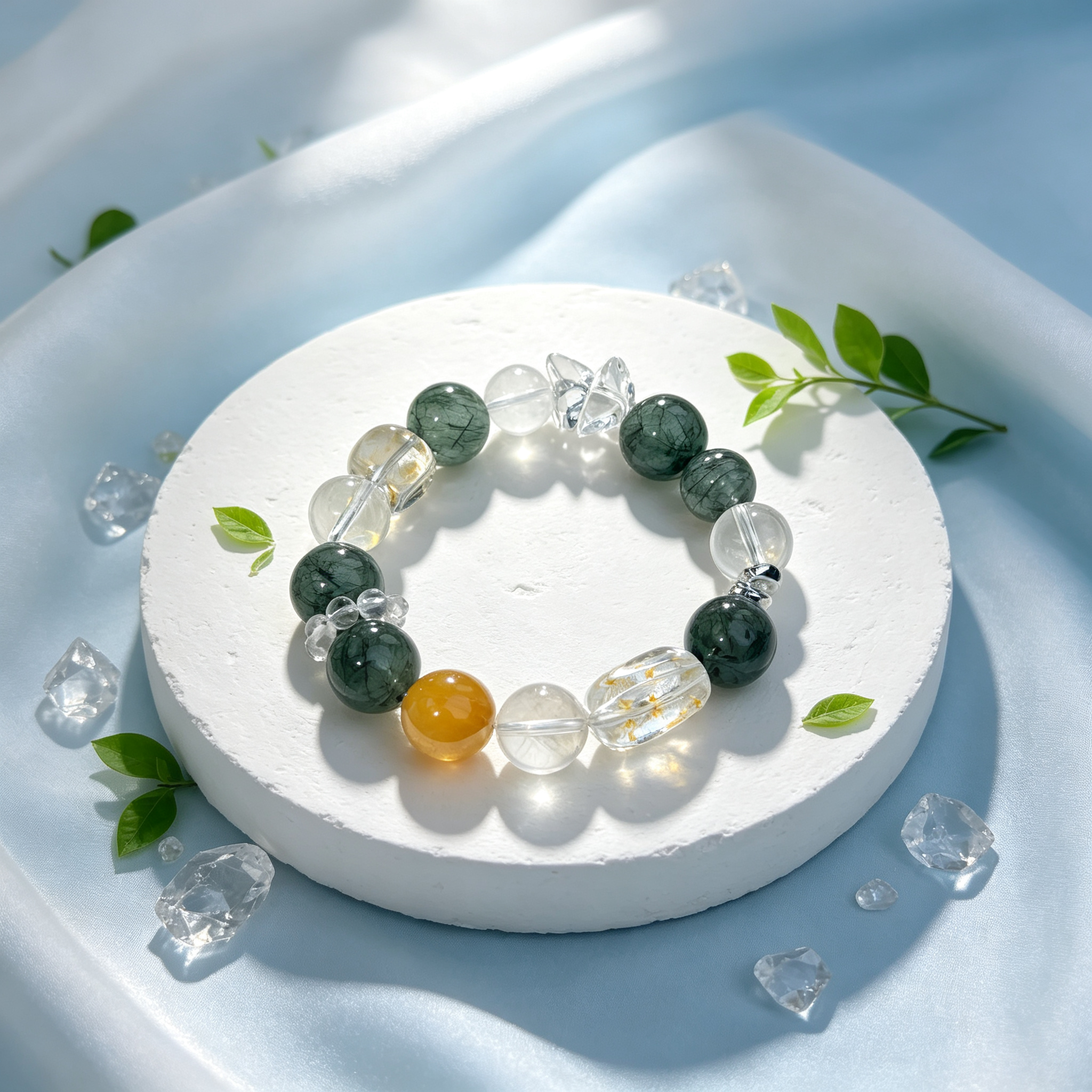 Green Rutilated Quartz Clear Quartz Yellow Phantom Quartz Bracelet Natural Crystal Wealth Career Protection Luck Beaded Bracelet