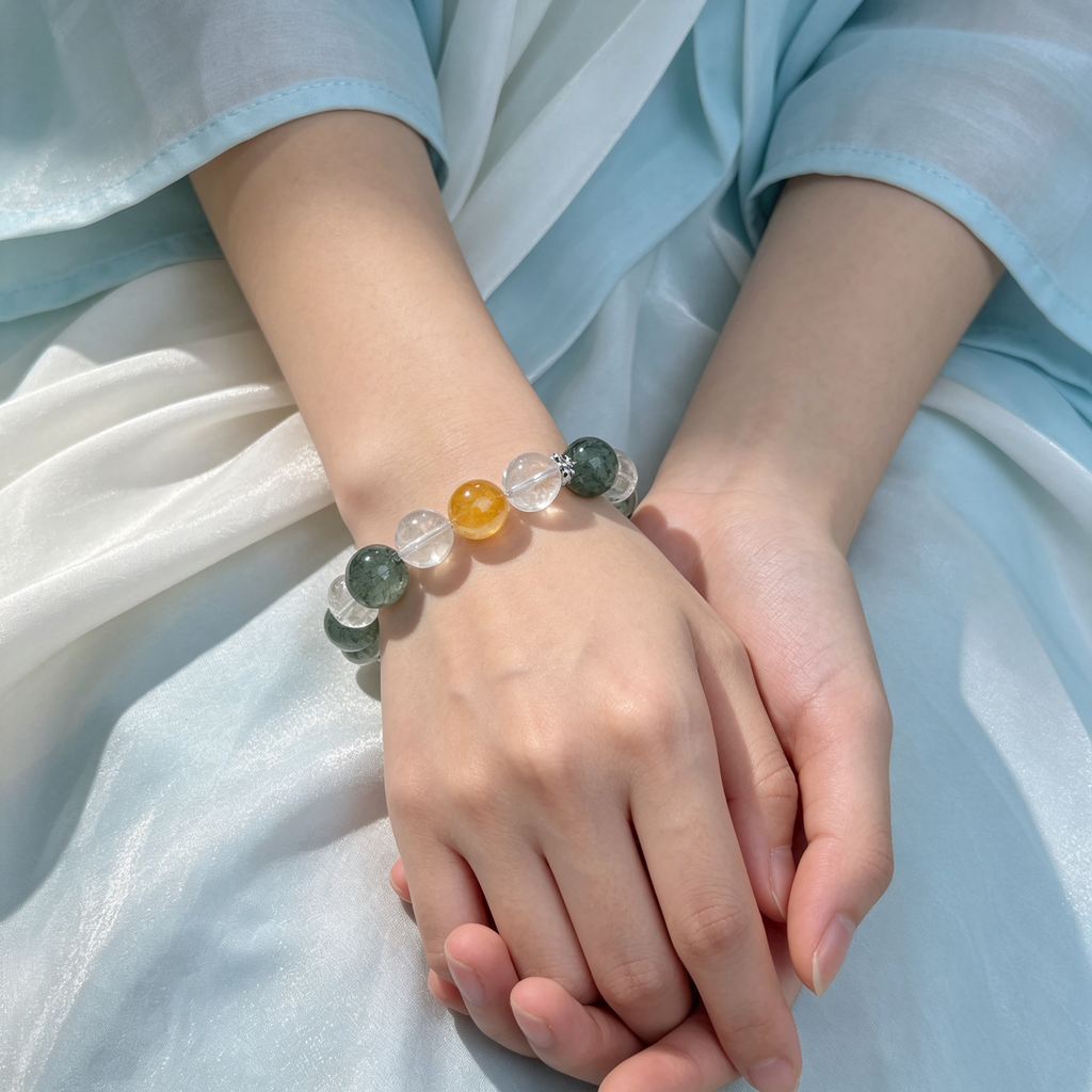 Green Rutilated Quartz Clear Quartz Yellow Phantom Quartz Bracelet Natural Crystal Wealth Career Protection Luck Beaded Bracelet