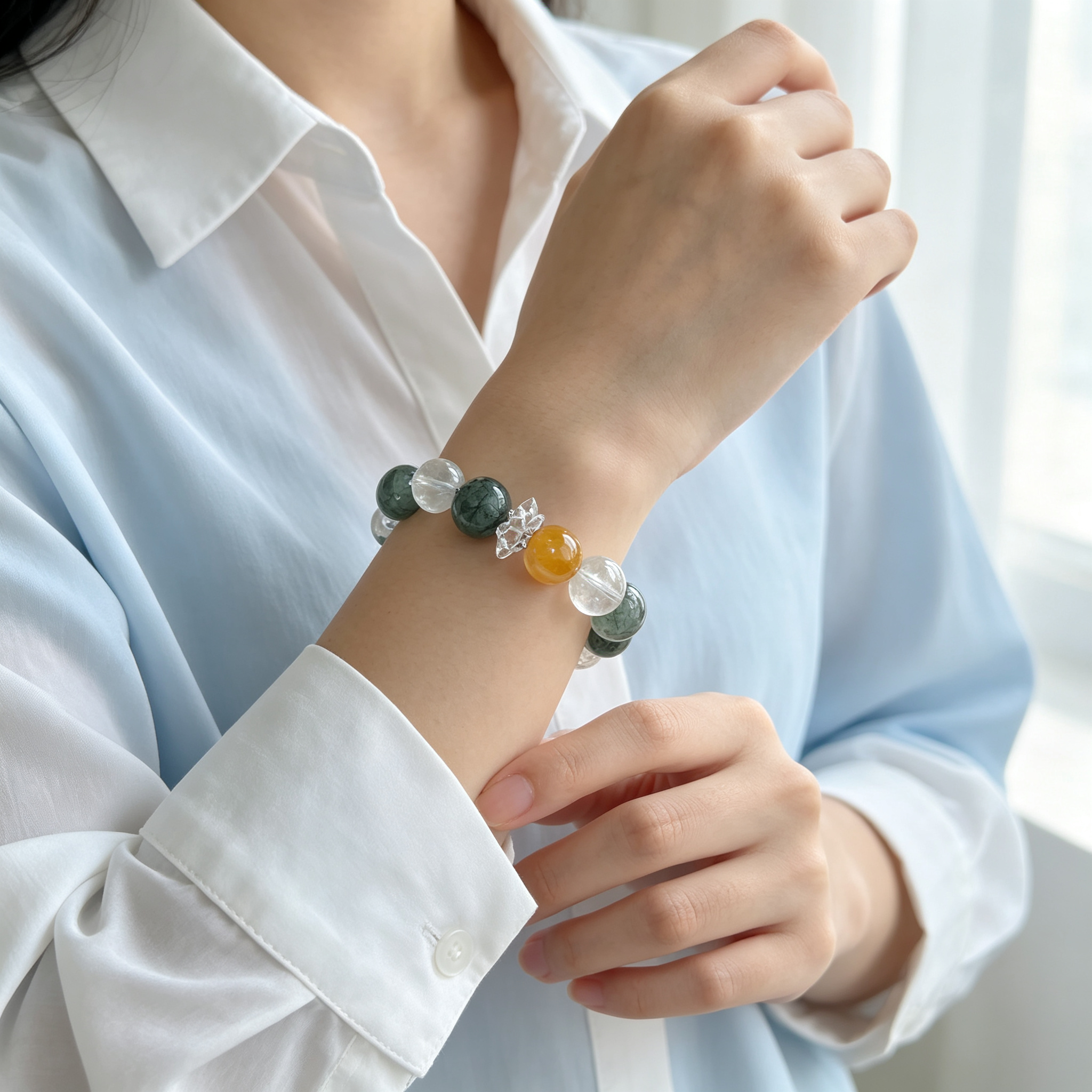 Green Rutilated Quartz Clear Quartz Yellow Phantom Quartz Bracelet Natural Crystal Wealth Career Protection Luck Beaded Bracelet