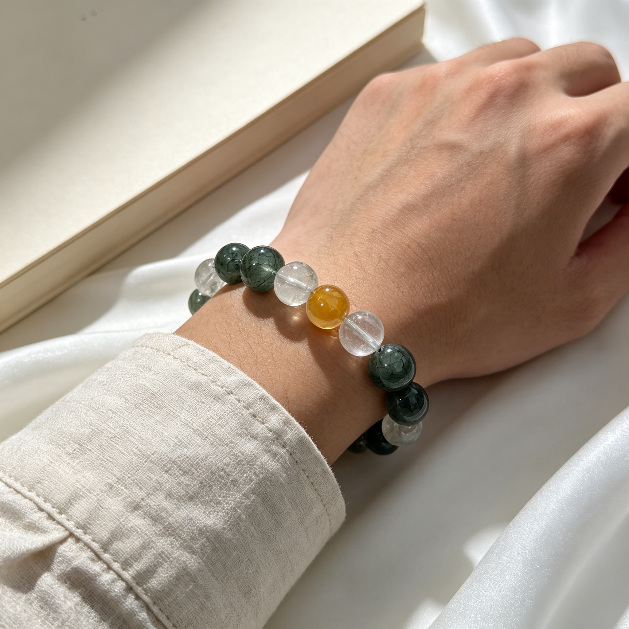 Green Rutilated Quartz Clear Quartz Yellow Phantom Quartz Bracelet Natural Crystal Wealth Career Protection Luck Beaded Bracelet