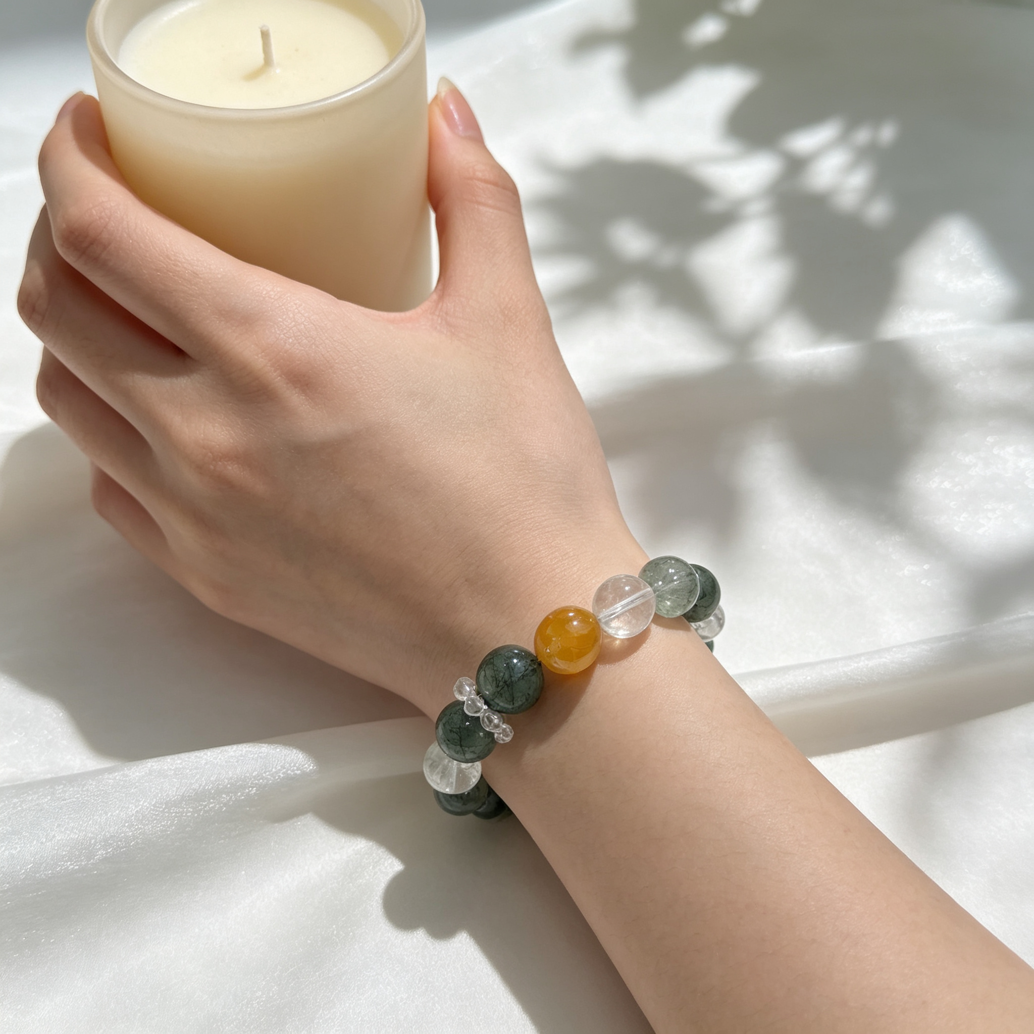Green Rutilated Quartz Clear Quartz Yellow Phantom Quartz Bracelet Natural Crystal Wealth Career Protection Luck Beaded Bracelet