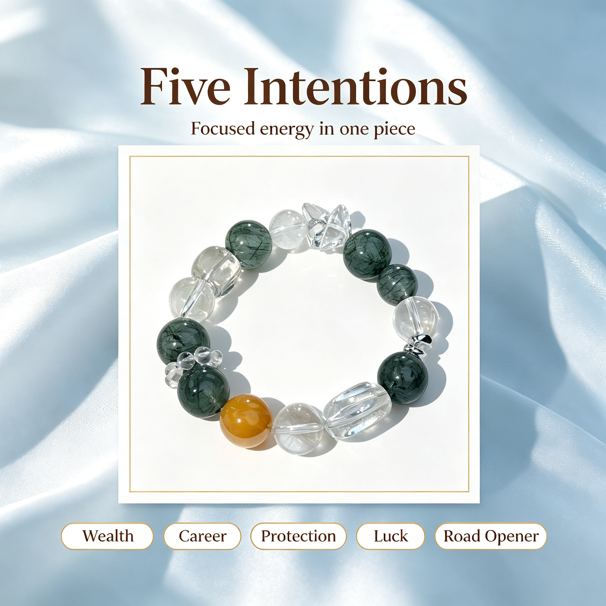 Green Rutilated Quartz Clear Quartz Yellow Phantom Quartz Bracelet Natural Crystal Wealth Career Protection Luck Beaded Bracelet