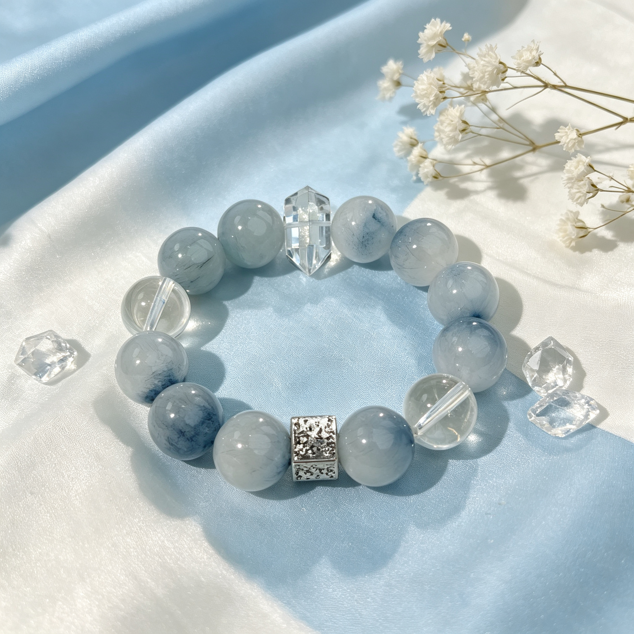 Blue Rutilated Quartz Clear Quartz Bracelet Natural Crystal Calm Anxiety Protection Luck Beaded Bracelet