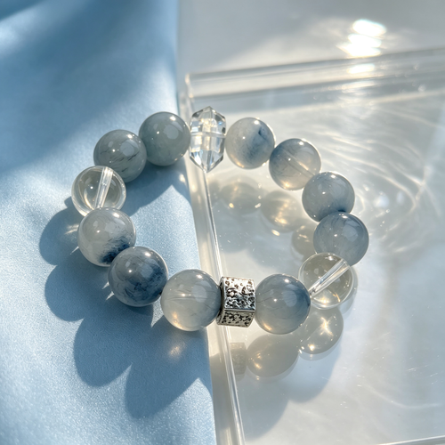 Blue Rutilated Quartz Clear Quartz Bracelet Natural Crystal Calm Anxiety Protection Luck Beaded Bracelet