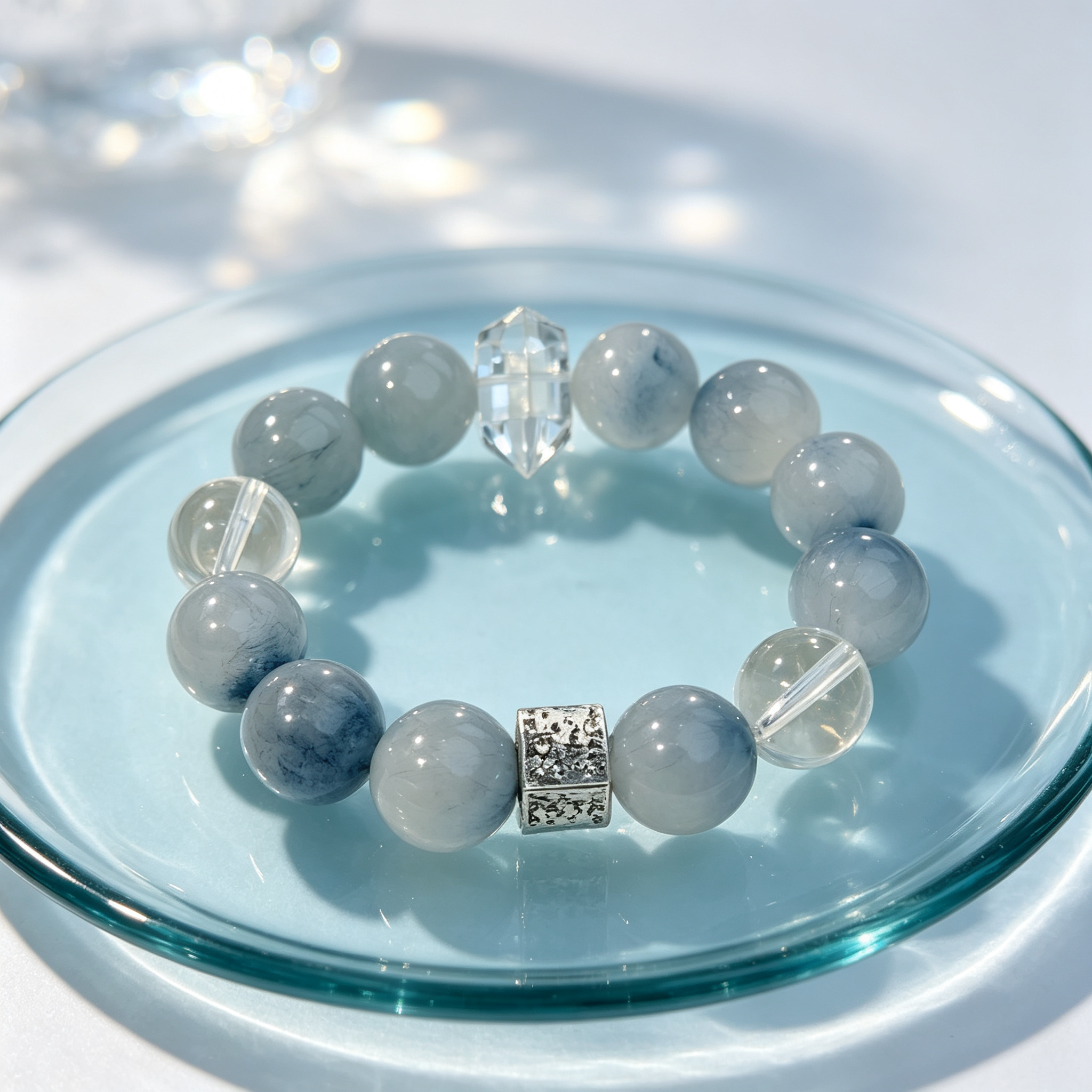 Blue Rutilated Quartz Clear Quartz Bracelet Natural Crystal Calm Anxiety Protection Luck Beaded Bracelet