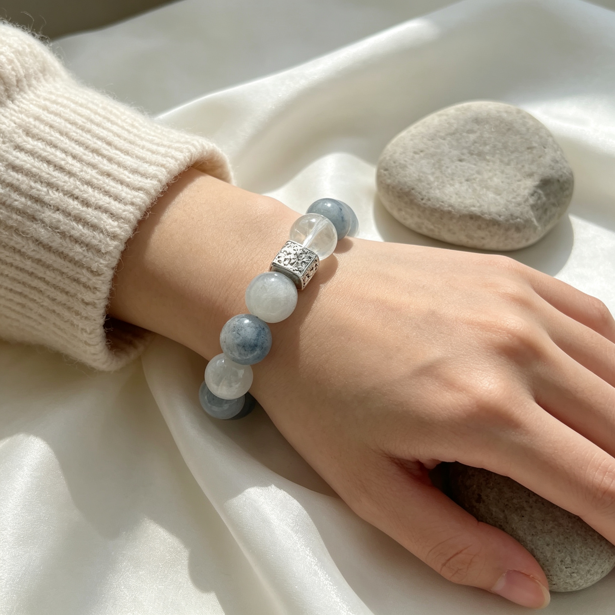 Blue Rutilated Quartz Clear Quartz Bracelet Natural Crystal Calm Anxiety Protection Luck Beaded Bracelet