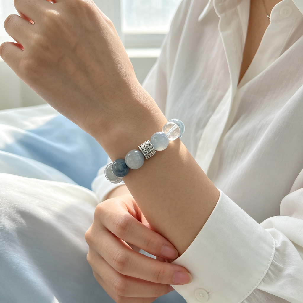 Blue Rutilated Quartz Clear Quartz Bracelet Natural Crystal Calm Anxiety Protection Luck Beaded Bracelet