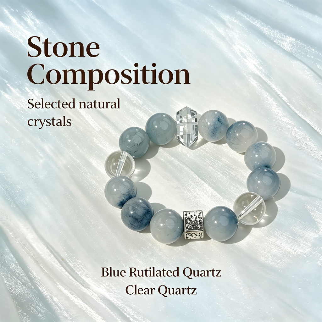 Blue Rutilated Quartz Clear Quartz Bracelet Natural Crystal Calm Anxiety Protection Luck Beaded Bracelet