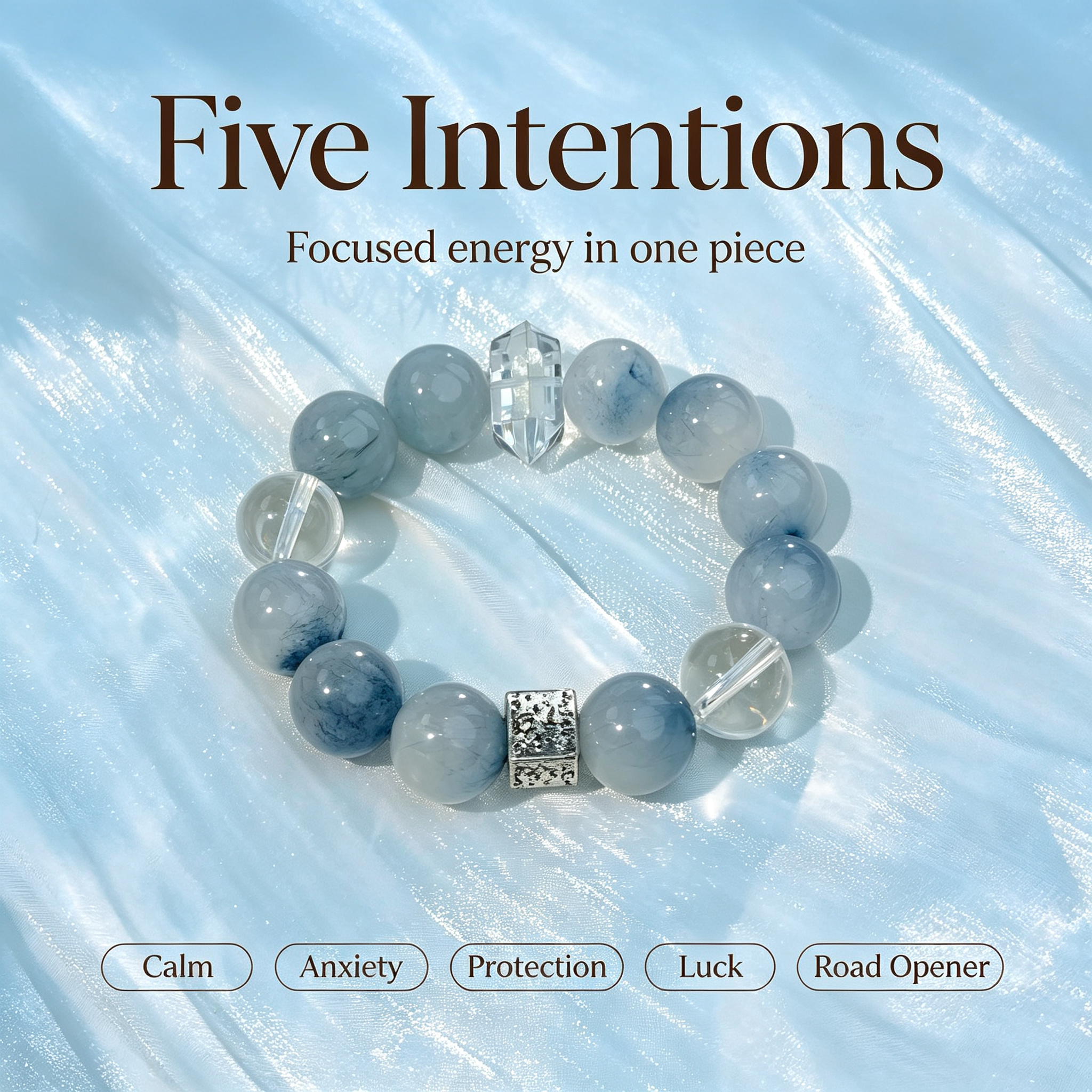 Blue Rutilated Quartz Clear Quartz Bracelet Natural Crystal Calm Anxiety Protection Luck Beaded Bracelet