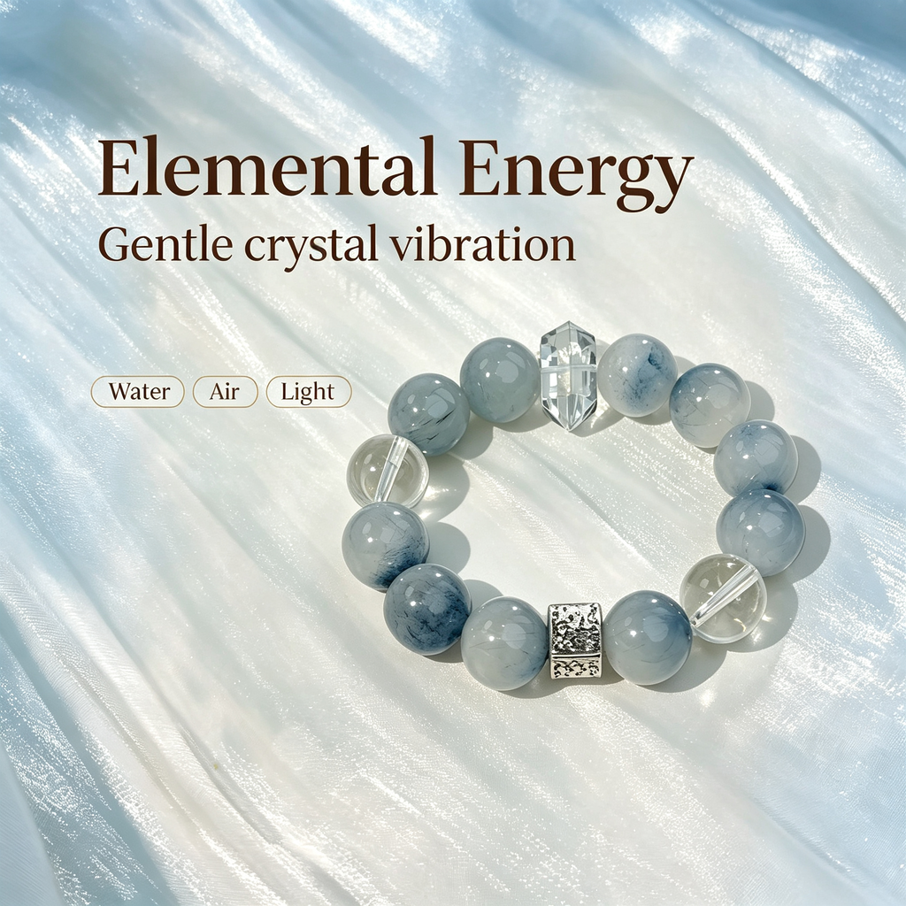Blue Rutilated Quartz Clear Quartz Bracelet Natural Crystal Calm Anxiety Protection Luck Beaded Bracelet