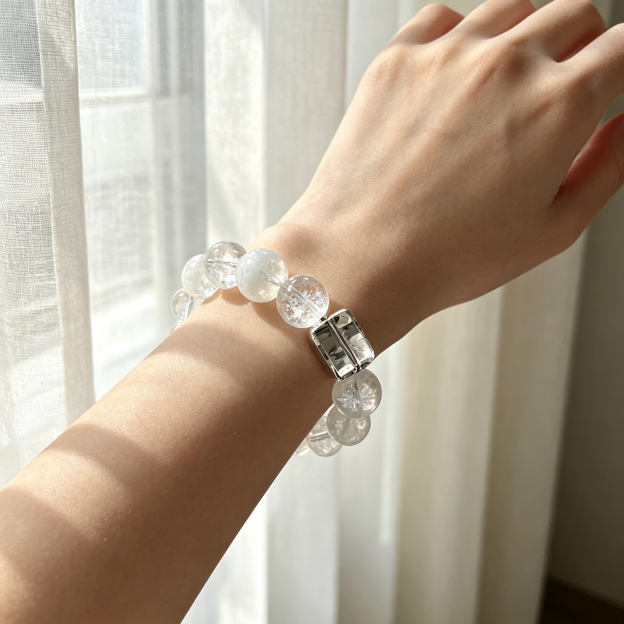 Snow Phantom Quartz Clear Quartz Bracelet Natural Gemstone Calm Protection Luck Beaded Bracelet