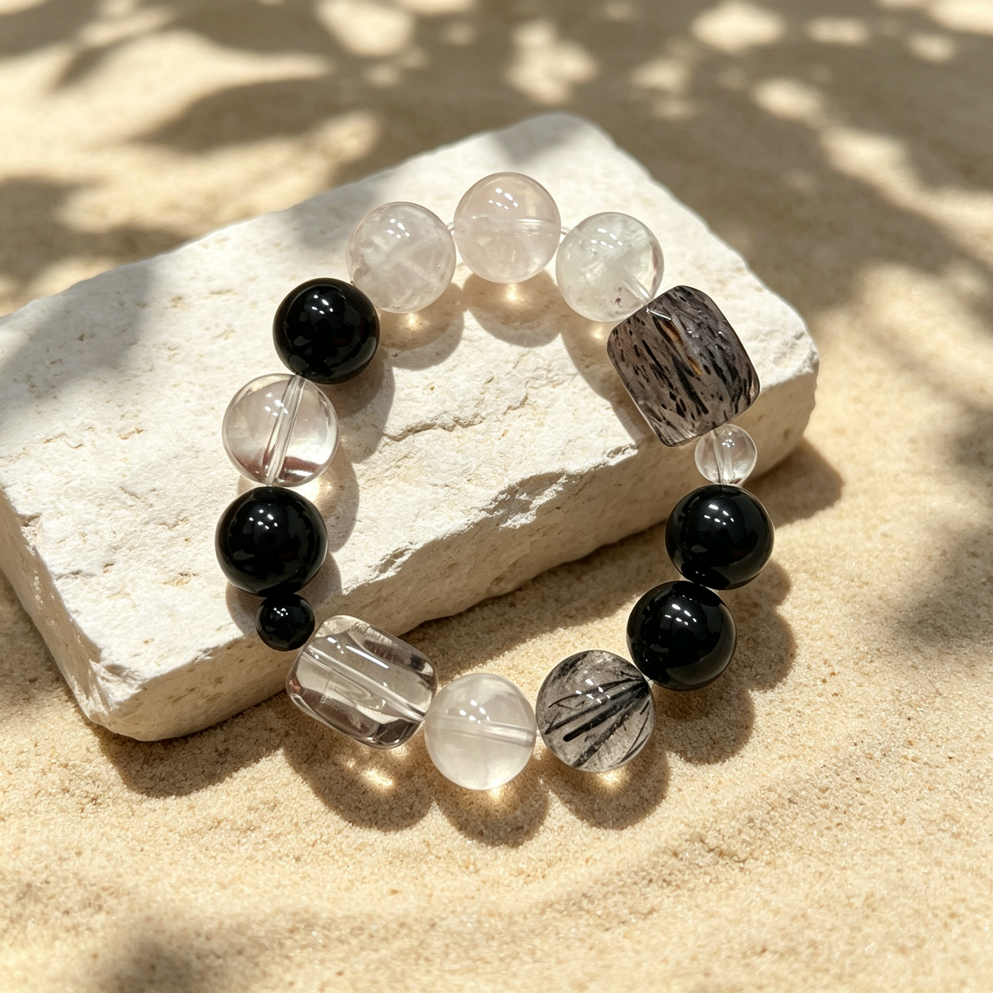 White Snow Phantom Quartz Obsidian Black Rutilated Quartz Clear Quartz Bracelet Natural Crystal Protection Calm Road Opener Beaded Bracelet