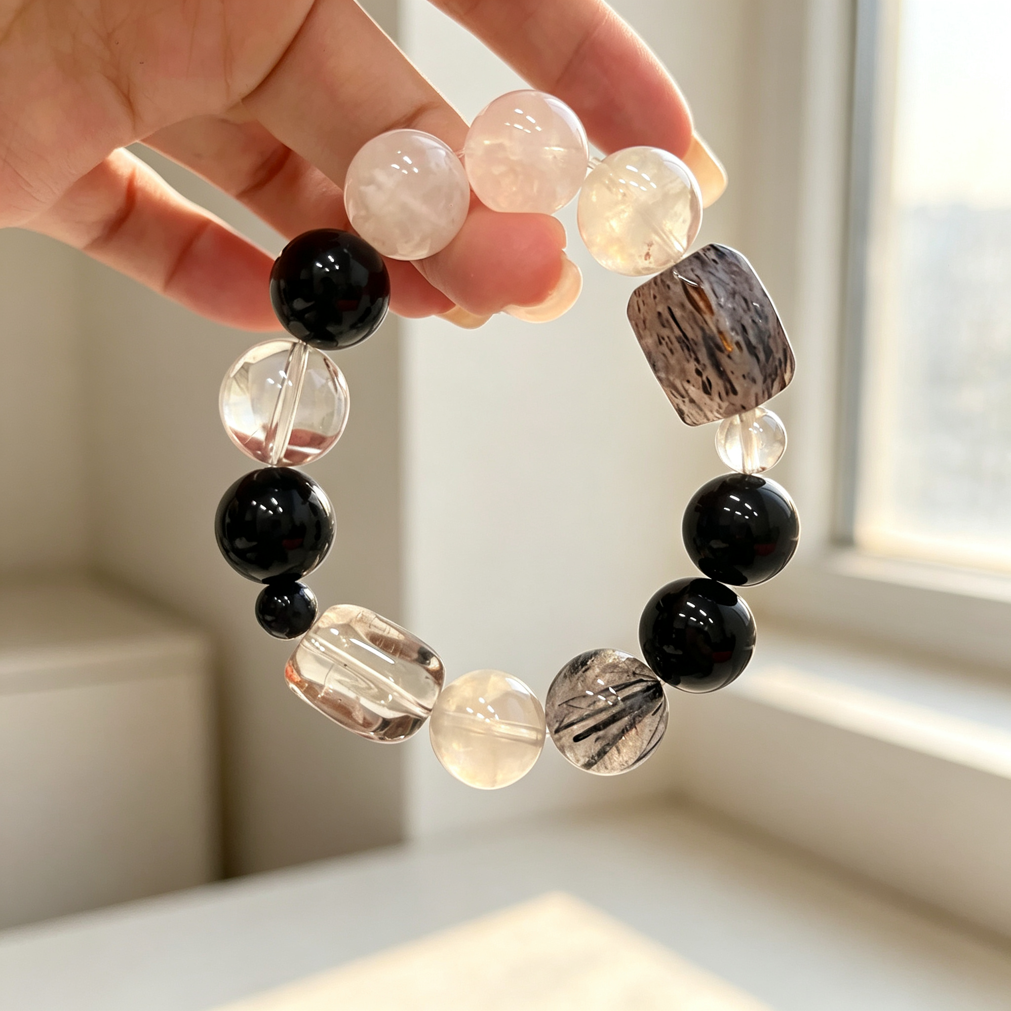 White Snow Phantom Quartz Obsidian Black Rutilated Quartz Clear Quartz Bracelet Natural Crystal Protection Calm Road Opener Beaded Bracelet