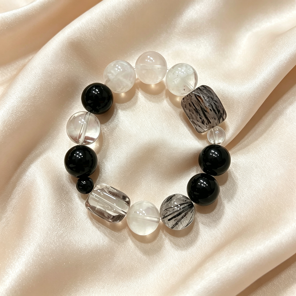White Snow Phantom Quartz Obsidian Black Rutilated Quartz Clear Quartz Bracelet Natural Crystal Protection Calm Road Opener Beaded Bracelet