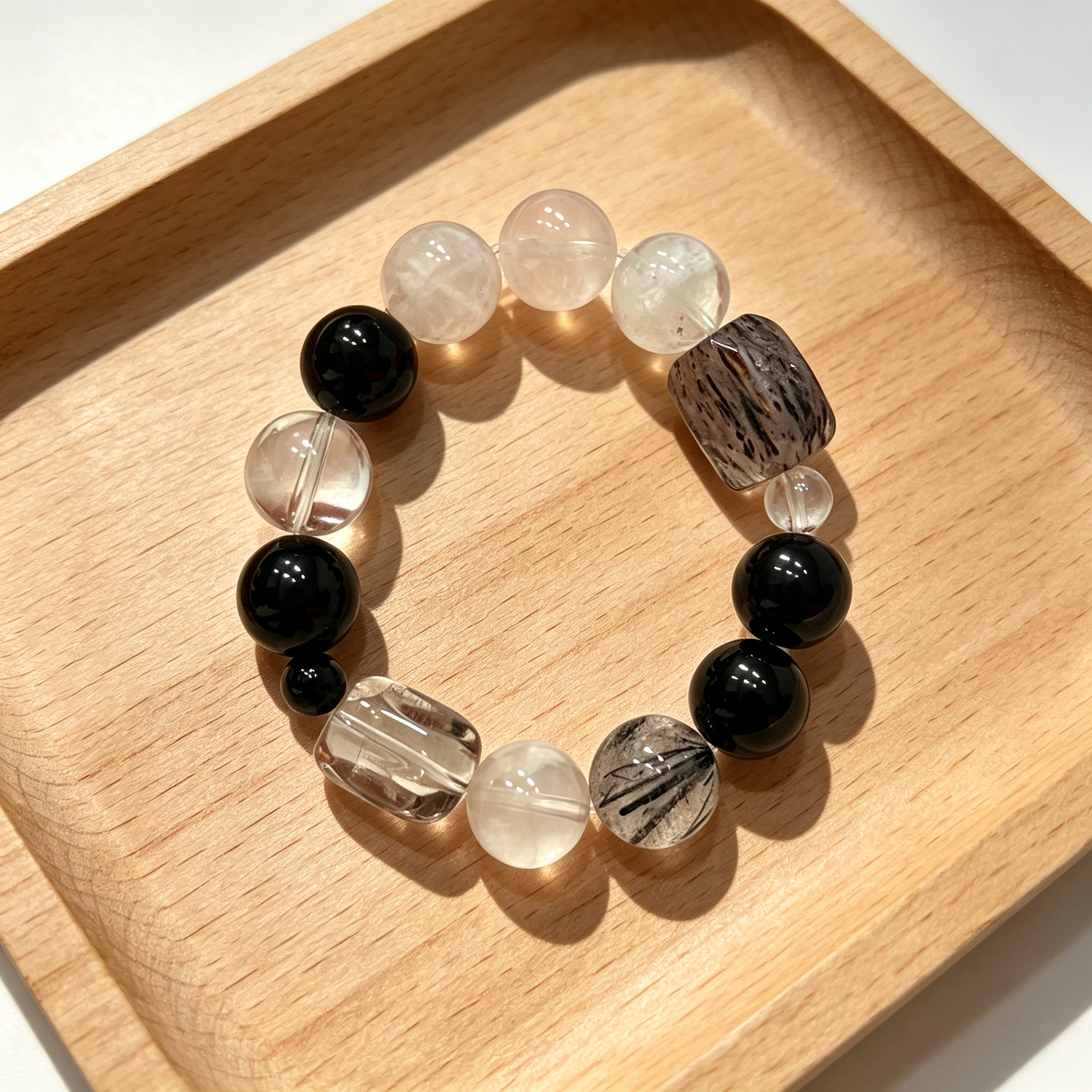 White Snow Phantom Quartz Obsidian Black Rutilated Quartz Clear Quartz Bracelet Natural Crystal Protection Calm Road Opener Beaded Bracelet