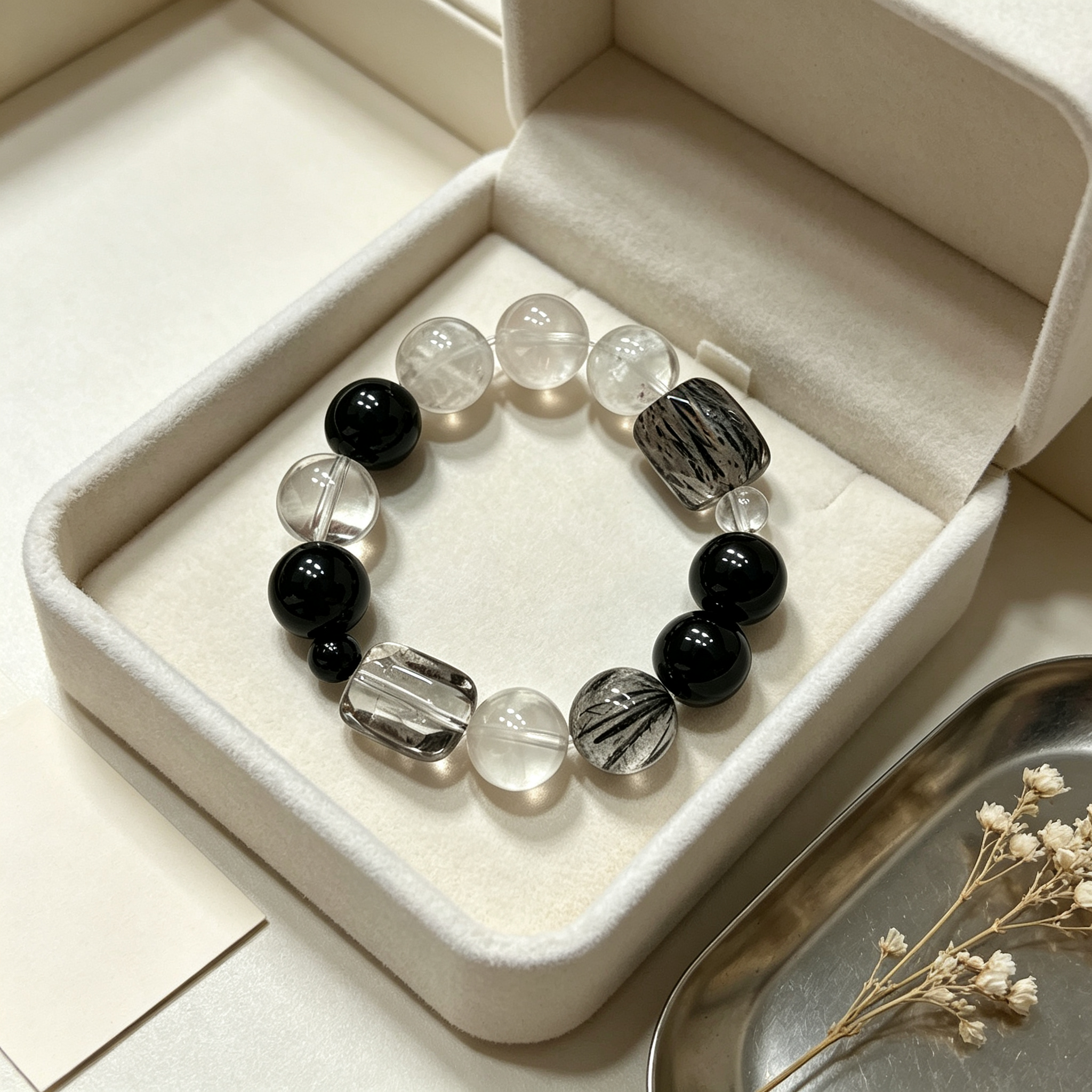 White Snow Phantom Quartz Obsidian Black Rutilated Quartz Clear Quartz Bracelet Natural Crystal Protection Calm Road Opener Beaded Bracelet