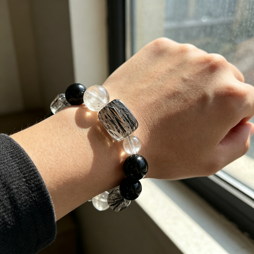 White Snow Phantom Quartz Obsidian Black Rutilated Quartz Clear Quartz Bracelet Natural Crystal Protection Calm Road Opener Beaded Bracelet
